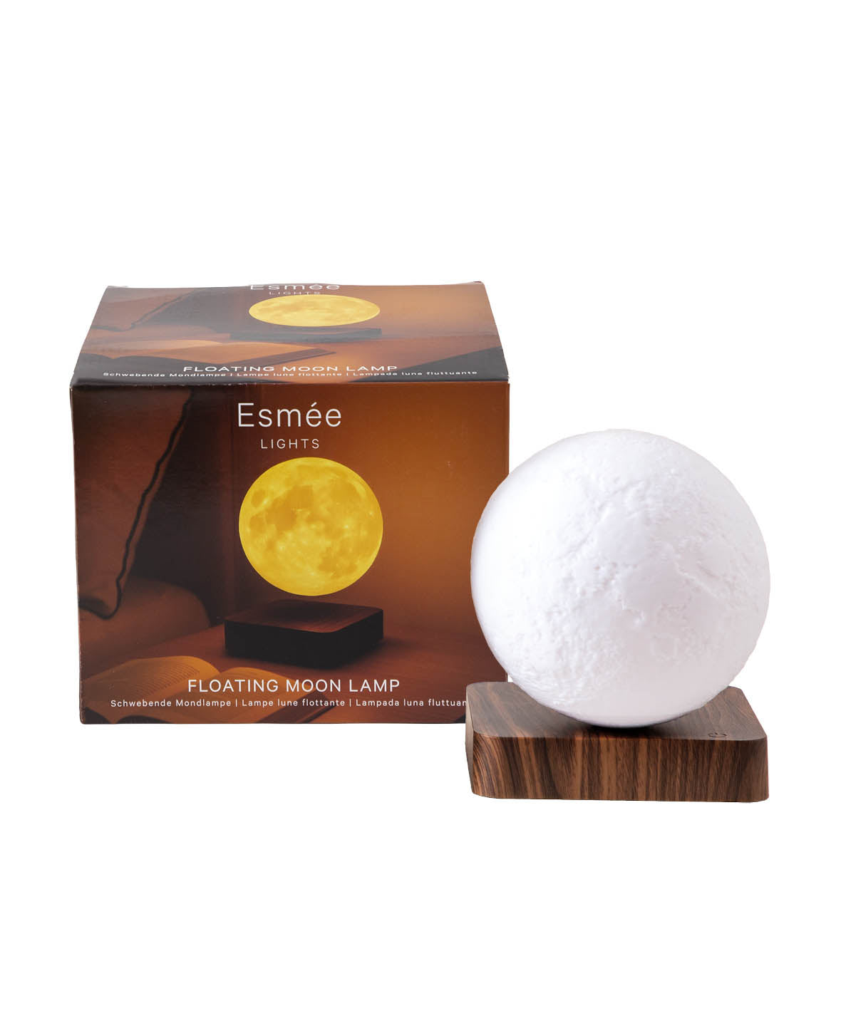 Schwebende LED Mond Lampe mit Holzsockel, Braun, Ø 15cm