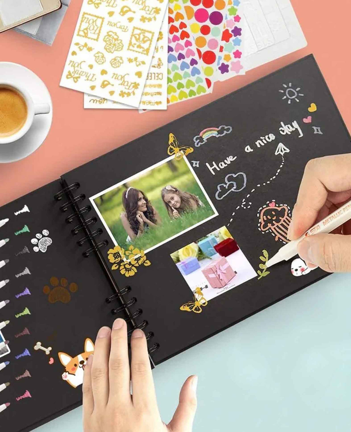 Spiral Foto Album DIY Gästebuch mit Washi Tape / Sticker - Schwarz, 15-tlg.