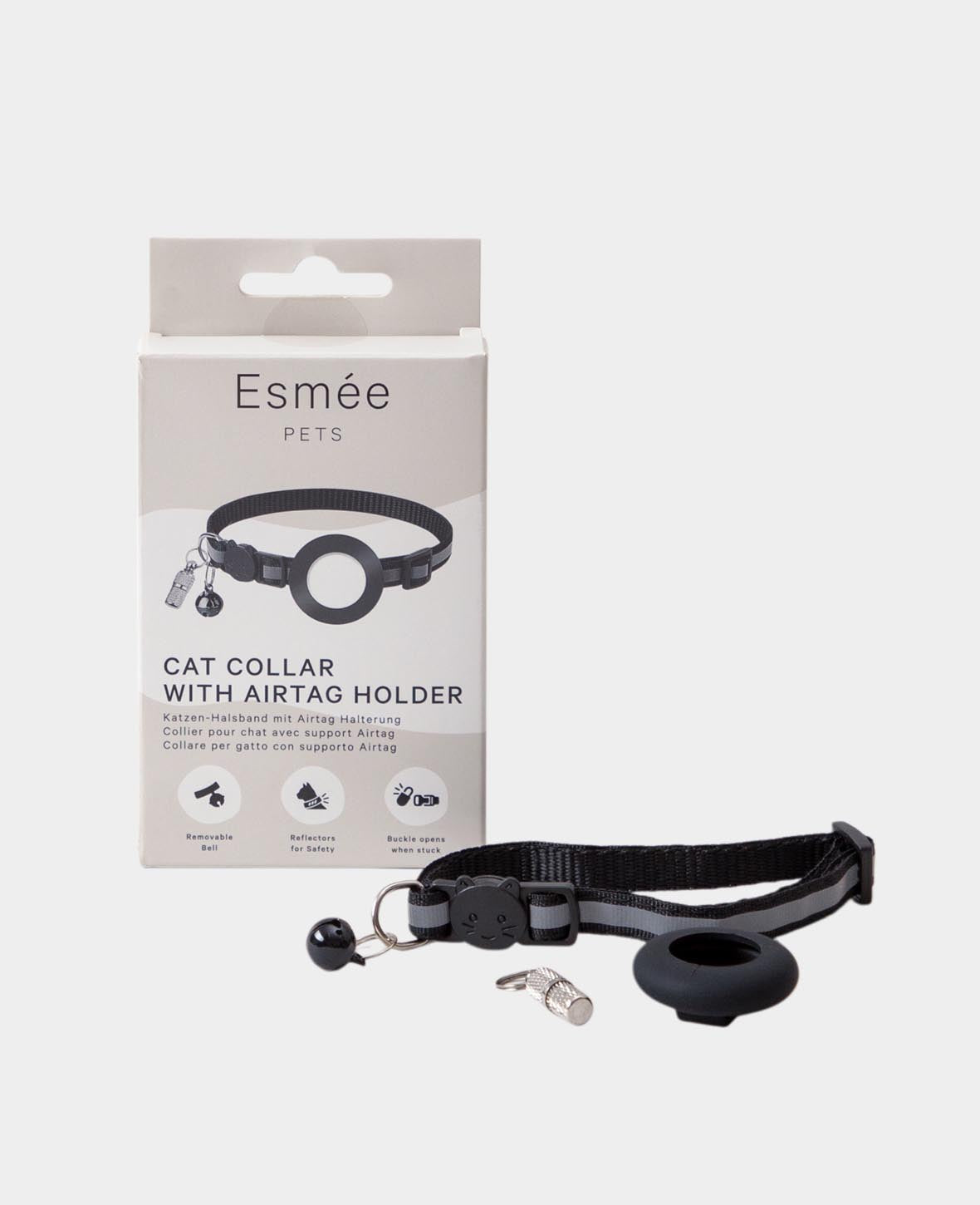 Katzen Halsband mit Apple AirTag Silikon Halterung, Adressanhänger, Schwarz