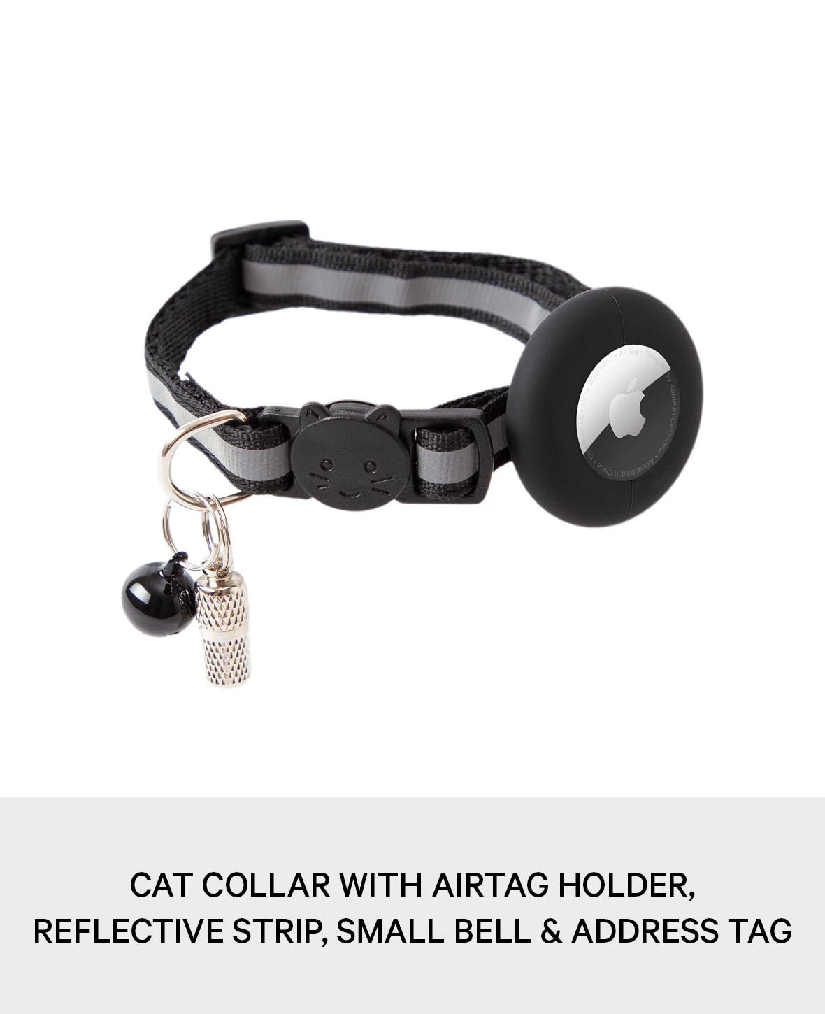 Katzen Halsband mit Apple AirTag Silikon Halterung, Adressanhänger, Schwarz