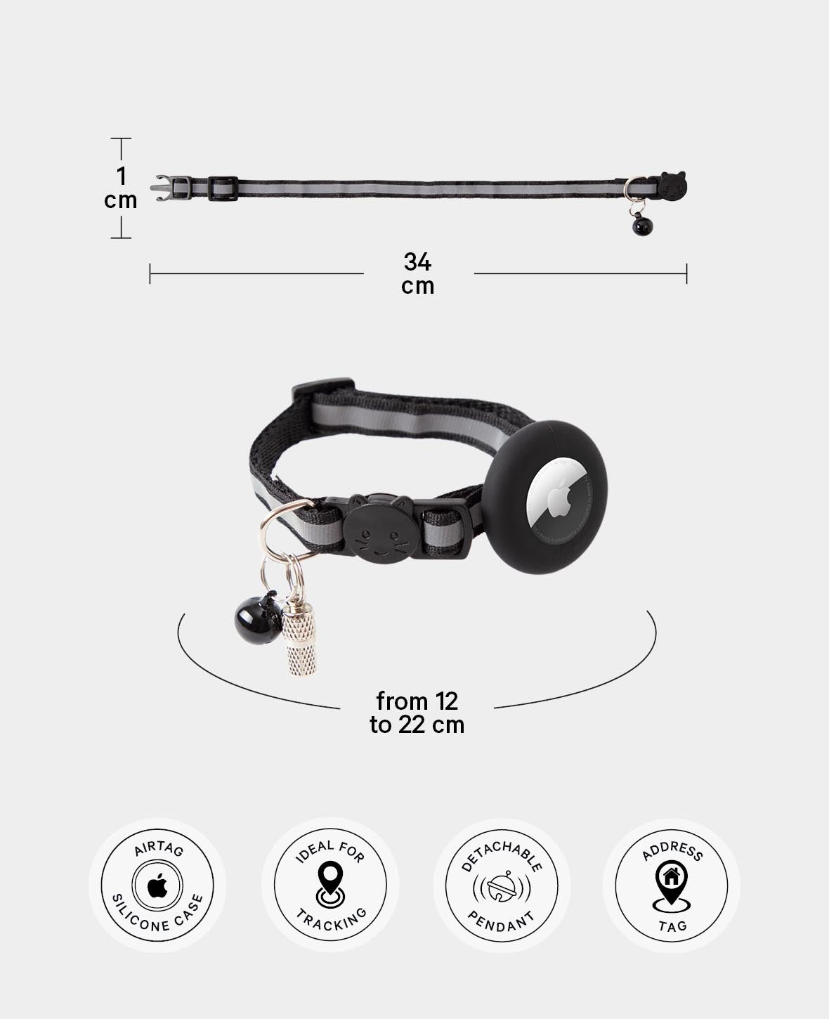 Katzen Halsband mit Apple AirTag Silikon Halterung, Adressanhänger, Schwarz