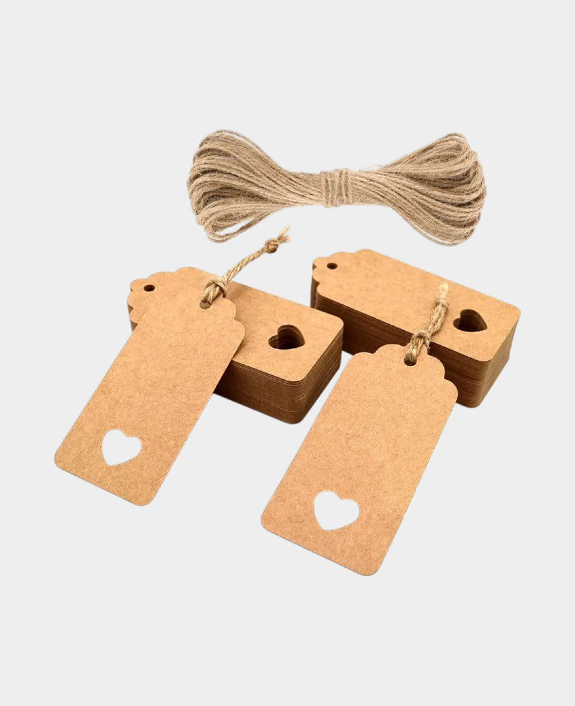 Gift Tags Craft Labels Heart + Jute Twine - Brown, 100 pcs.