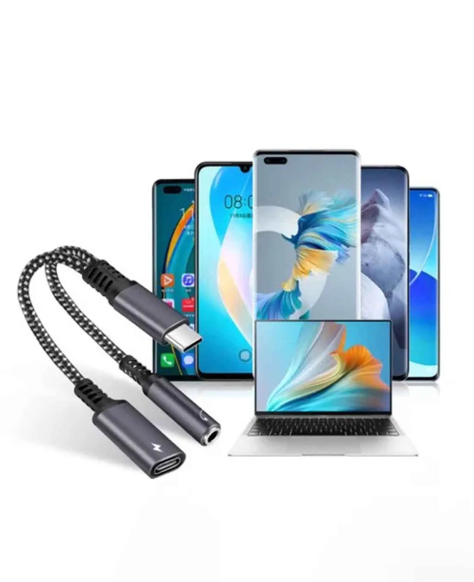 (10cm) USB C to 3.5mm Headphone Jack and USB C Port Nylon Cable m