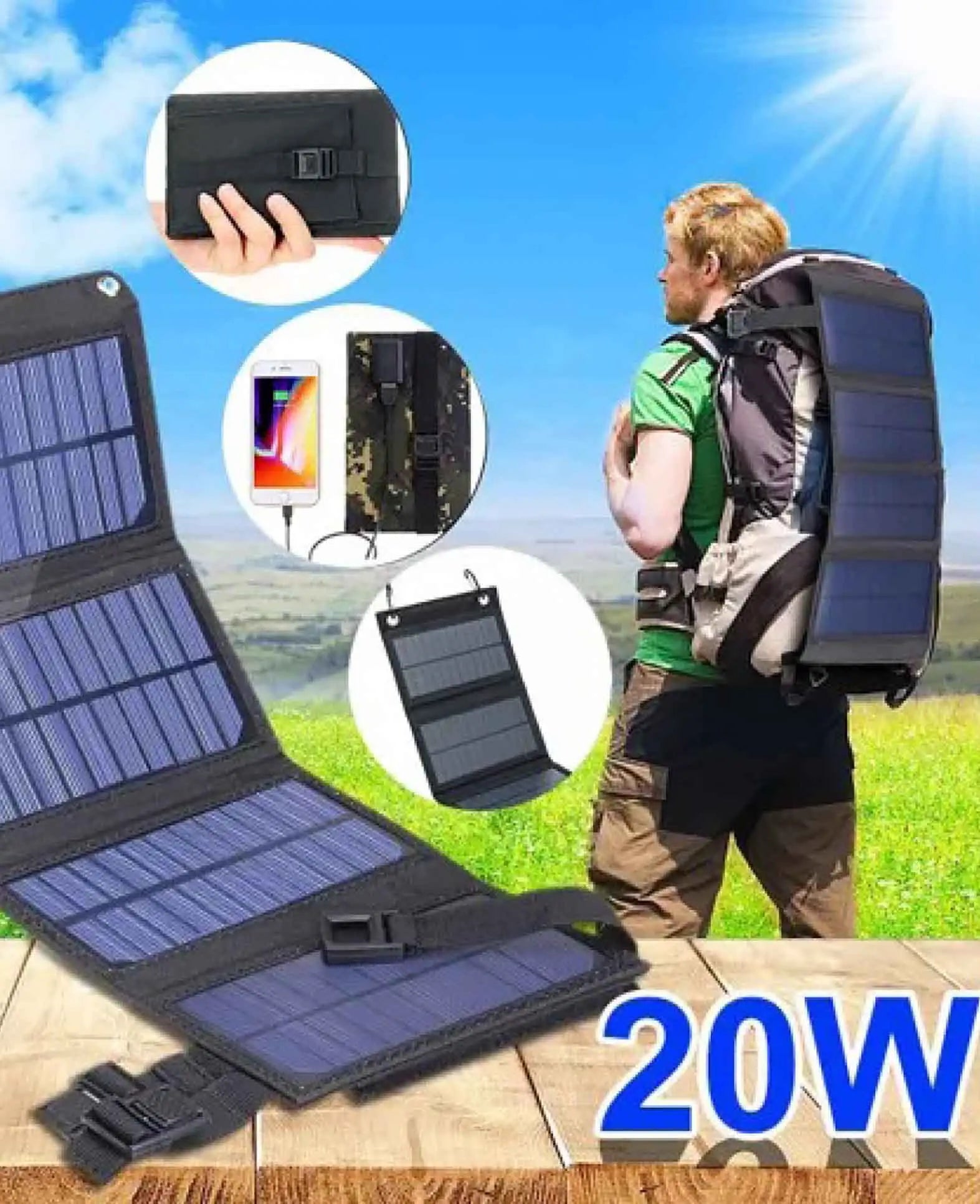 (20W) Foldable Solar Panel Solar Collector with USB A Port + Kara