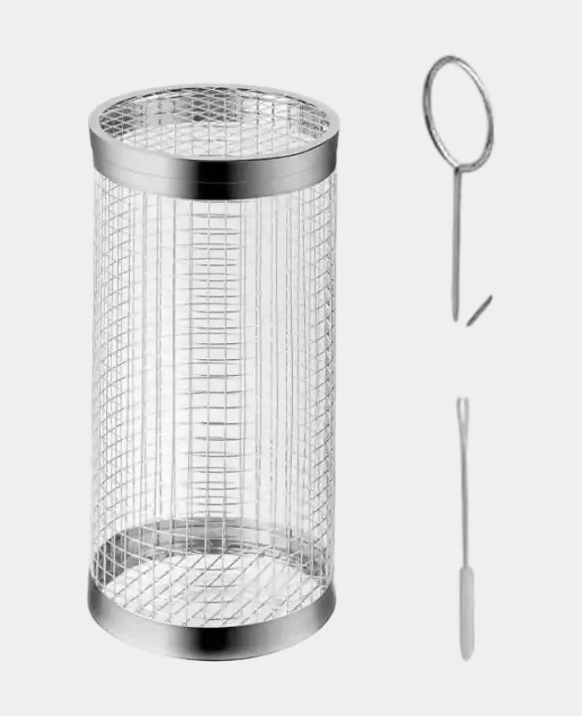 (20x9cm) Stainless Steel BBQ Grill Basket with Fork Grill Cylinder Roasting Basket for
