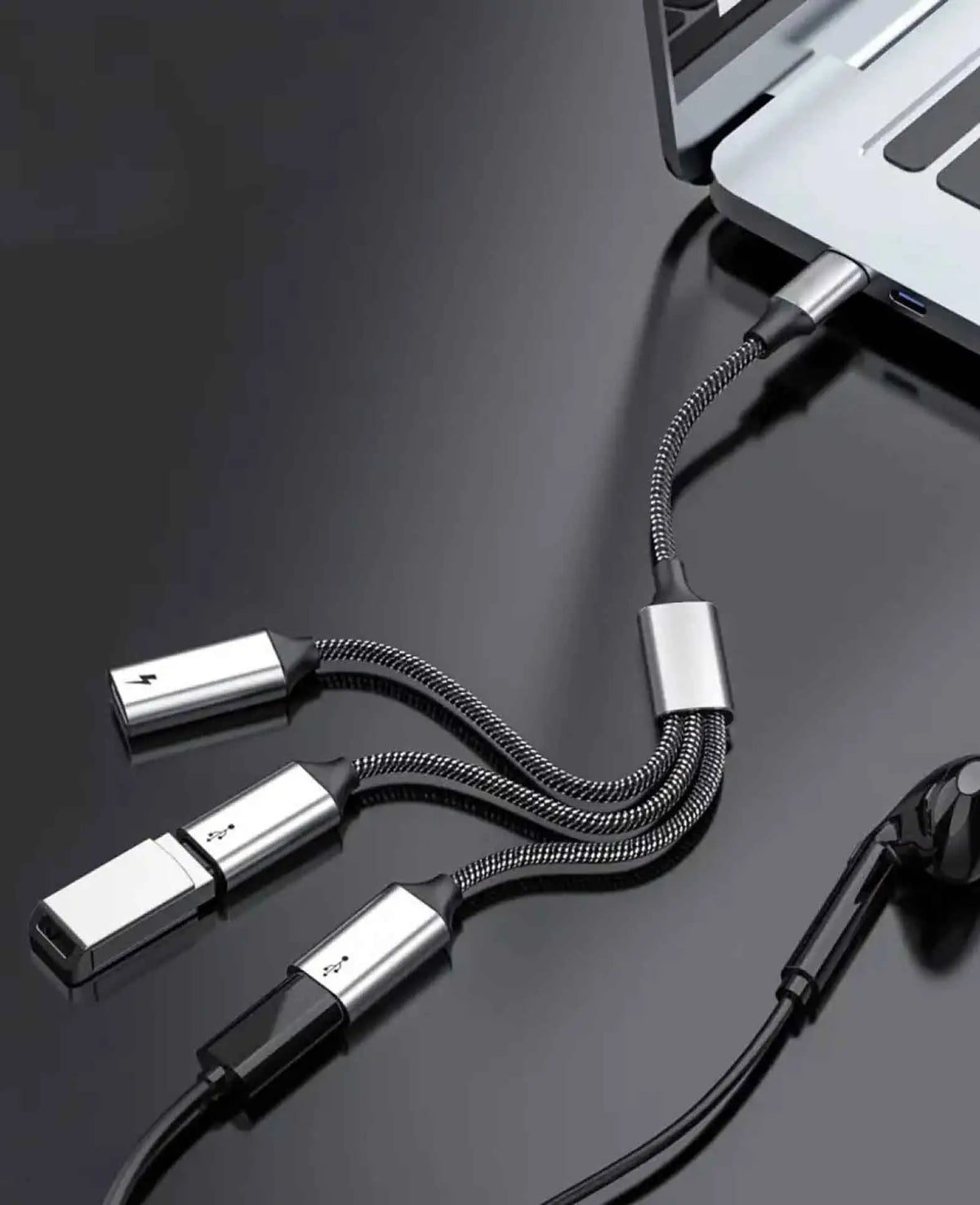 (26cm) 60W 3-in-1 USB C to 3x USB C Adapter Charging Cable OTG Nylon Data Ca