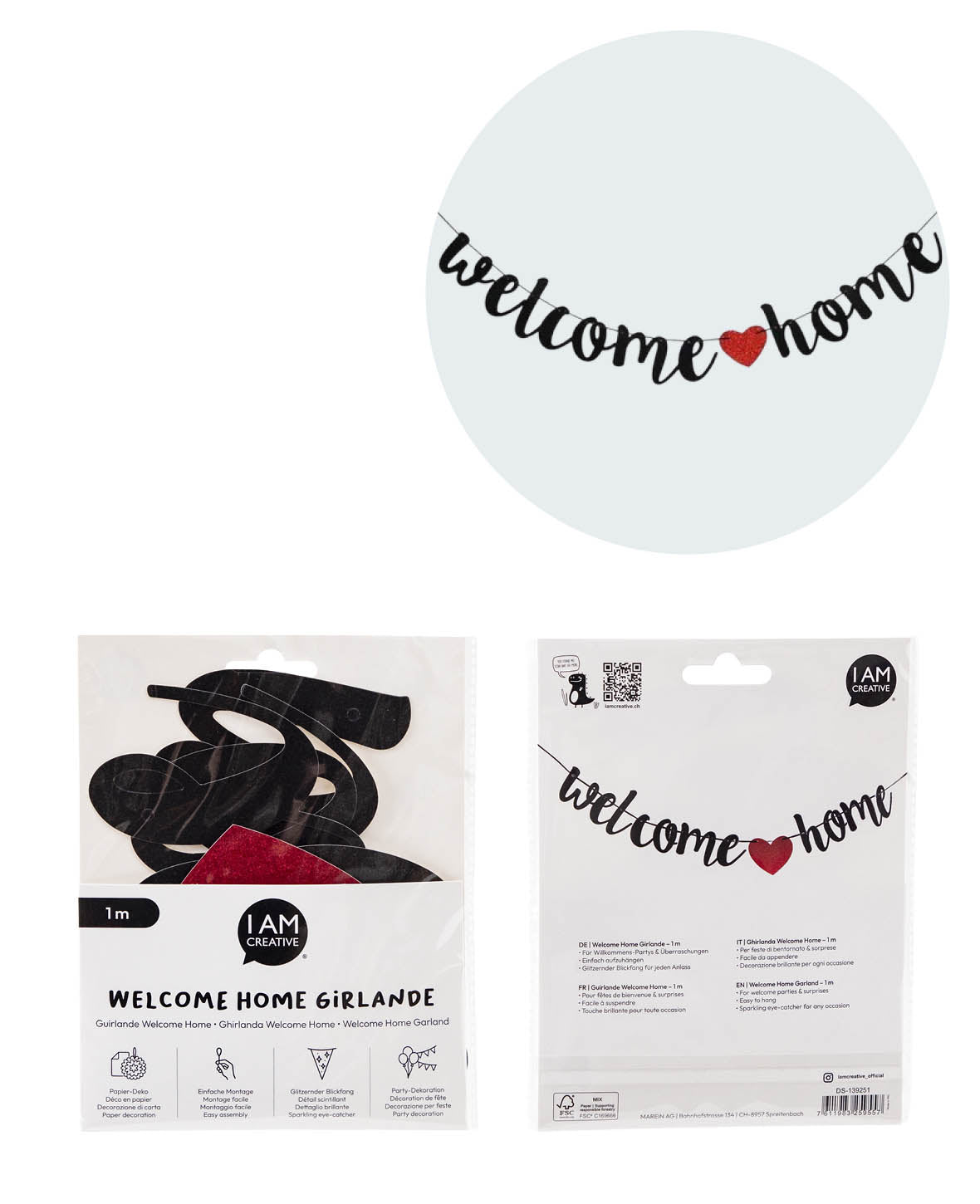 Welcome Home Girlande Glitzer Party Dekoration - Schwarz / Rot, 1m