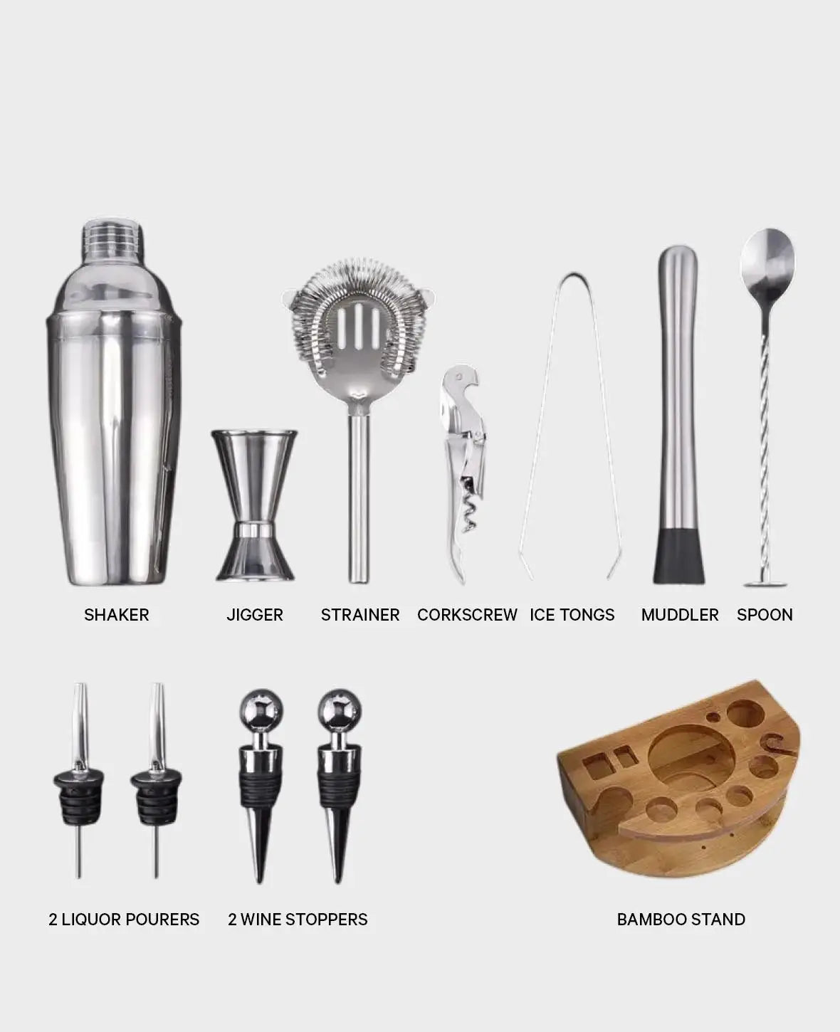 (Set de 12 pièces) Kit de Shaker à Cocktail en Acier Inoxydable 350 ml avec Bambou