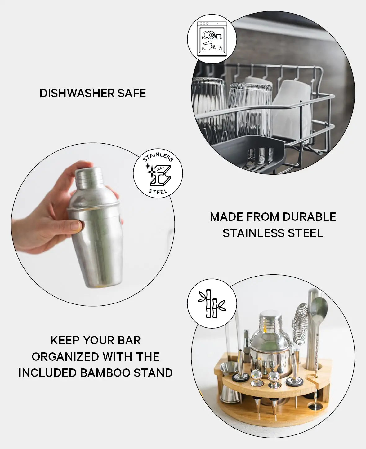 (Set de 12 pièces) Kit de Shaker à Cocktail en Acier Inoxydable 350 ml avec Bambou