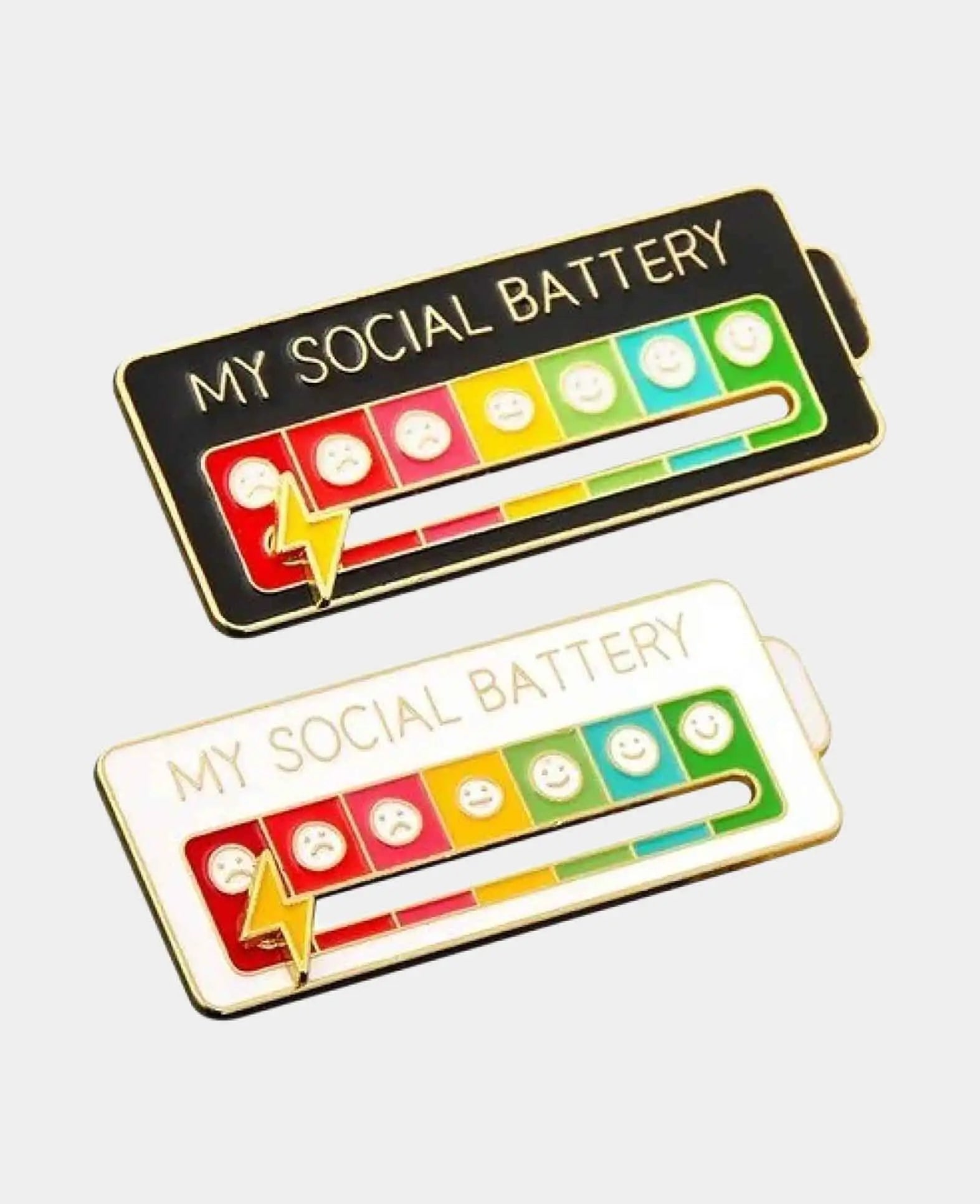 (Set of 2) My Social Battery Pin Brooch Clothes Lapel Pin Badge - Black / White