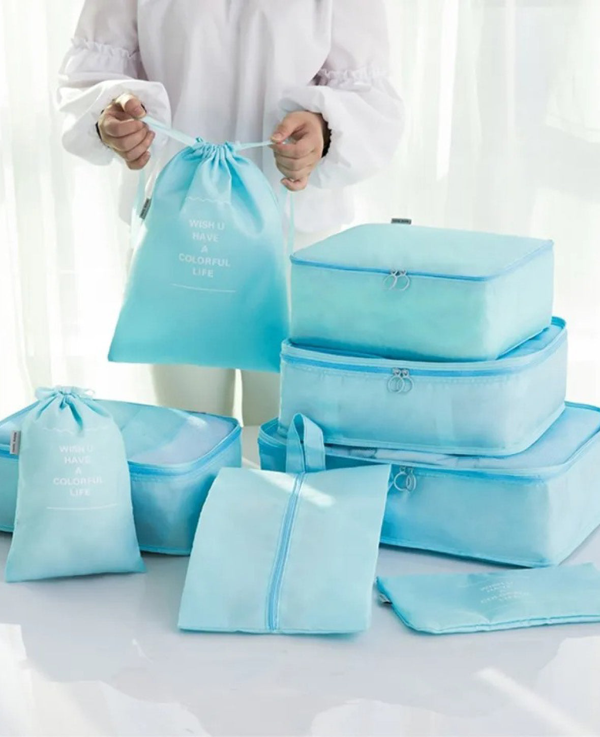 (8er Set) Reise Aufbewahrungsbeutel Tasche für Reisegepäck - Hellblau
