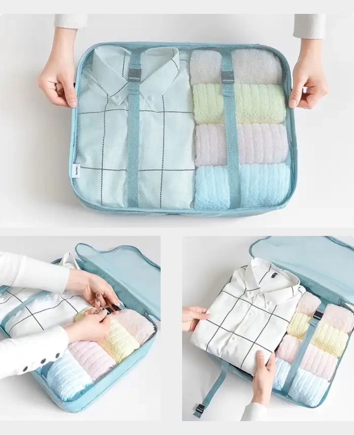 8in1 Wasserdichtes Koffer-Organizer Set – Kompression & Reise – Rosa / Weiss
