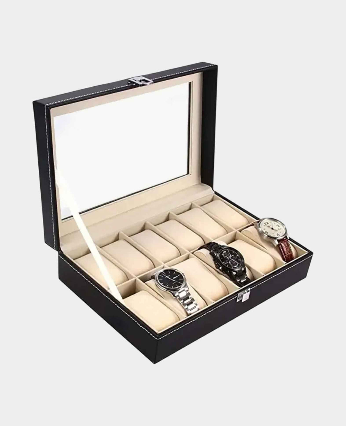 Watch Box Jewelry Box Organizer with Glass Lid - Black, 12 Slots