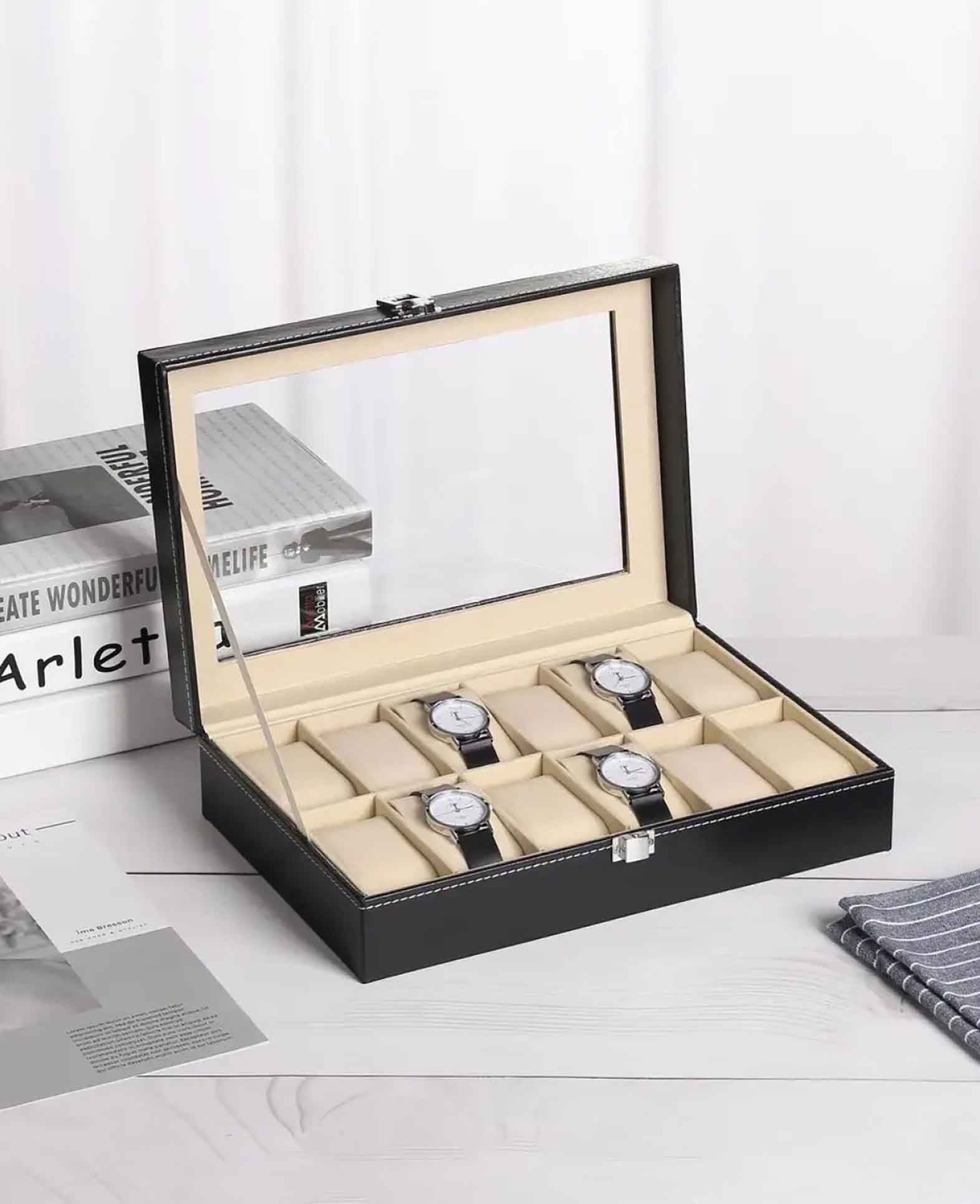 Watch Box Jewelry Box Organizer with Glass Lid - Black, 12 Slots