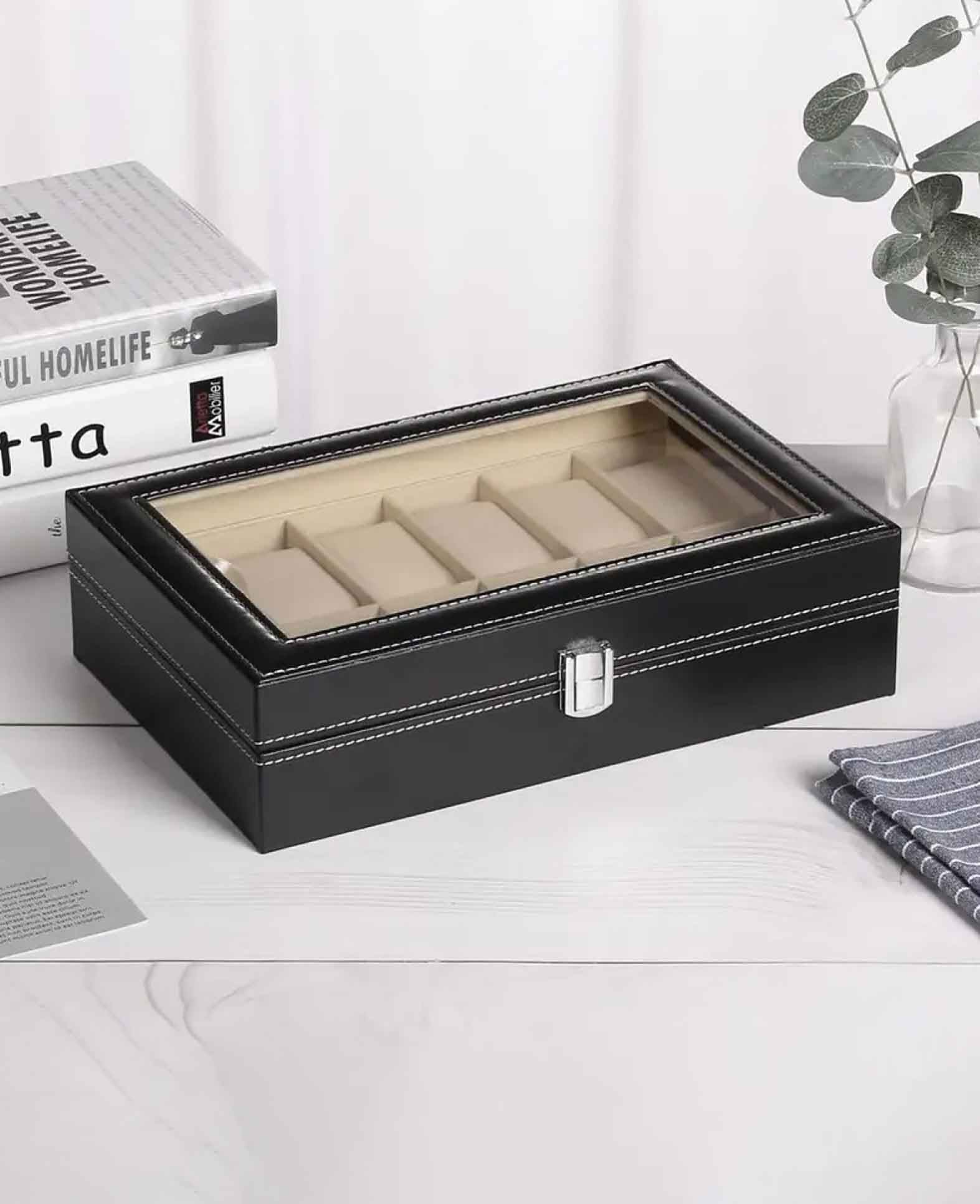 Watch Box Jewelry Box Organizer with Glass Lid - Black, 12 Slots