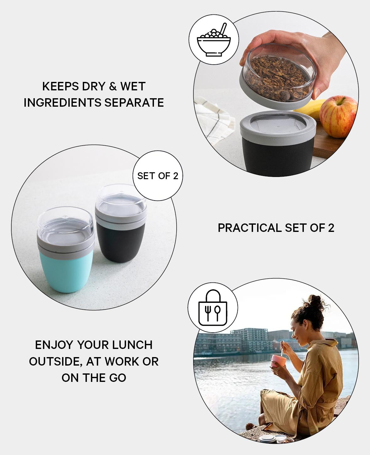 (Lot de 2) Pot à déjeuner 700ml avec 2 compartiments / Muesli / Yaourt / Soupe