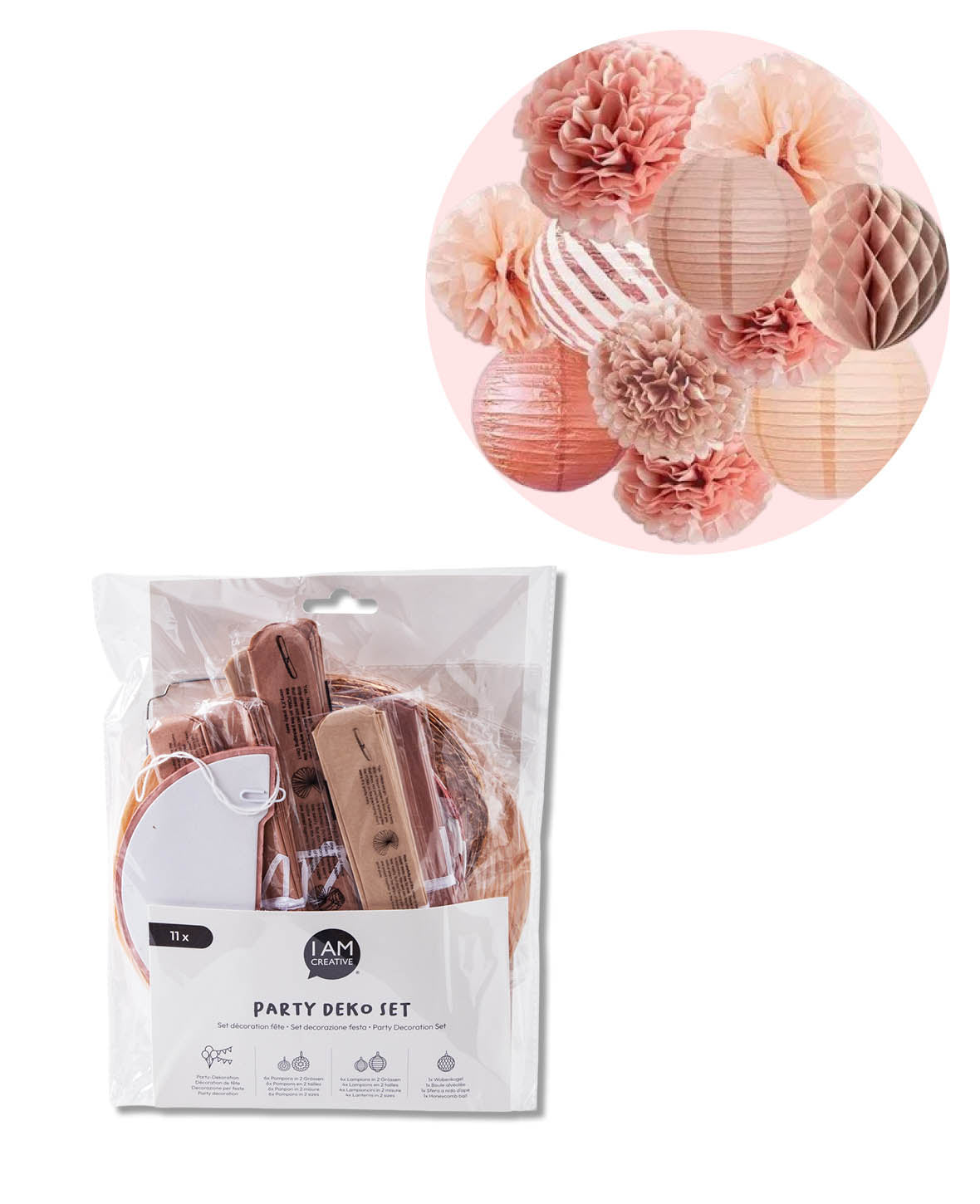 Papier Lampion Pompon's Deko Party - Roségold, 11-tlg.