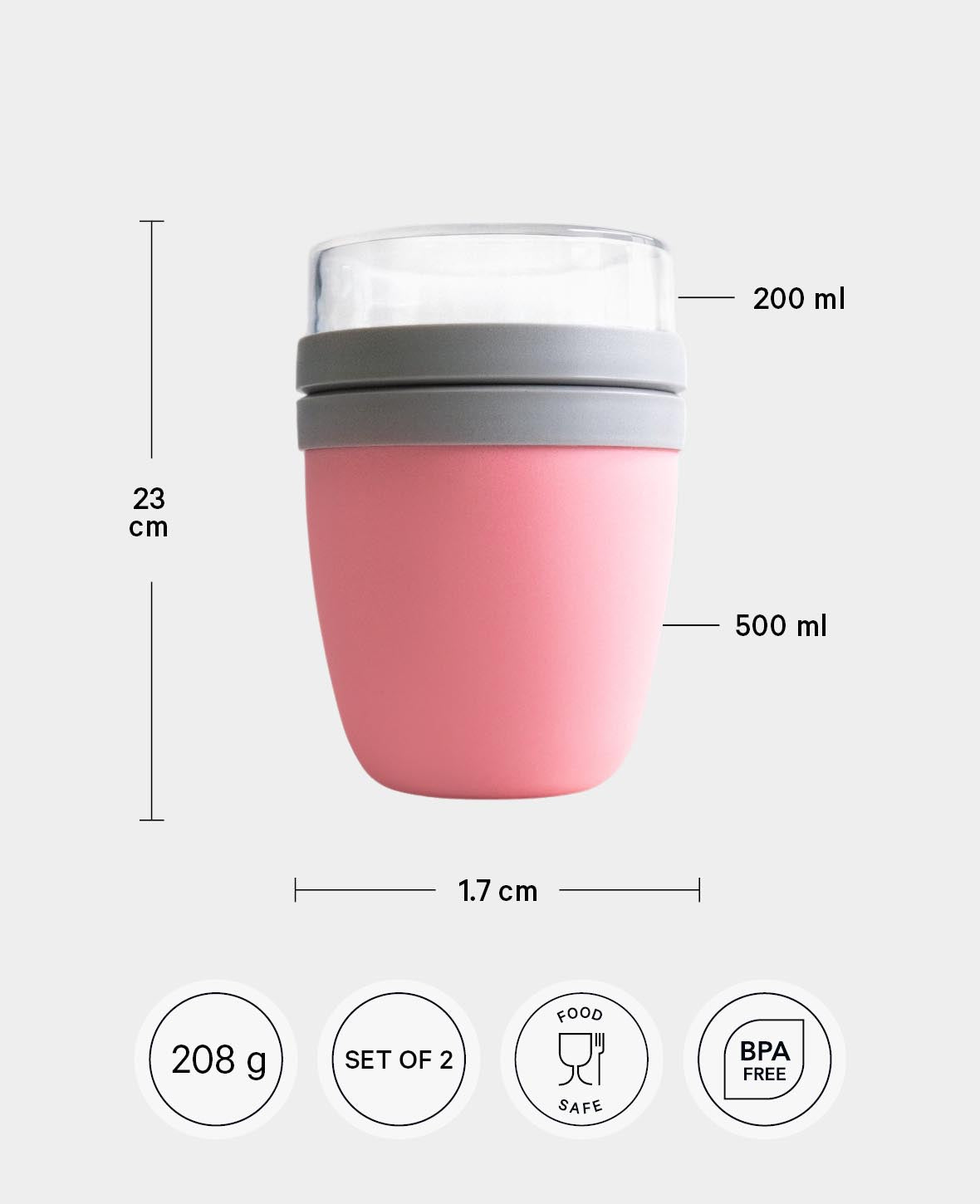 Müsli / Lunch Pot mit 2 Behältern, 700ml, Weiss / Rosa, 2 Stück