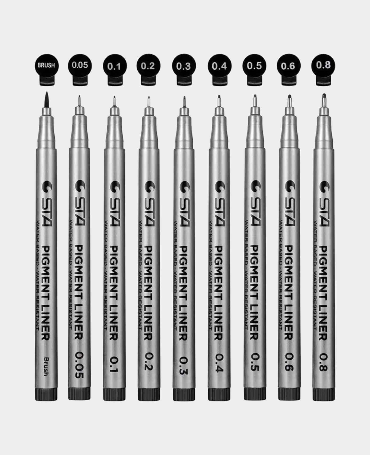 Waterproof Pigment Marker Fineliner + Brush Pen - Black, Set of 9