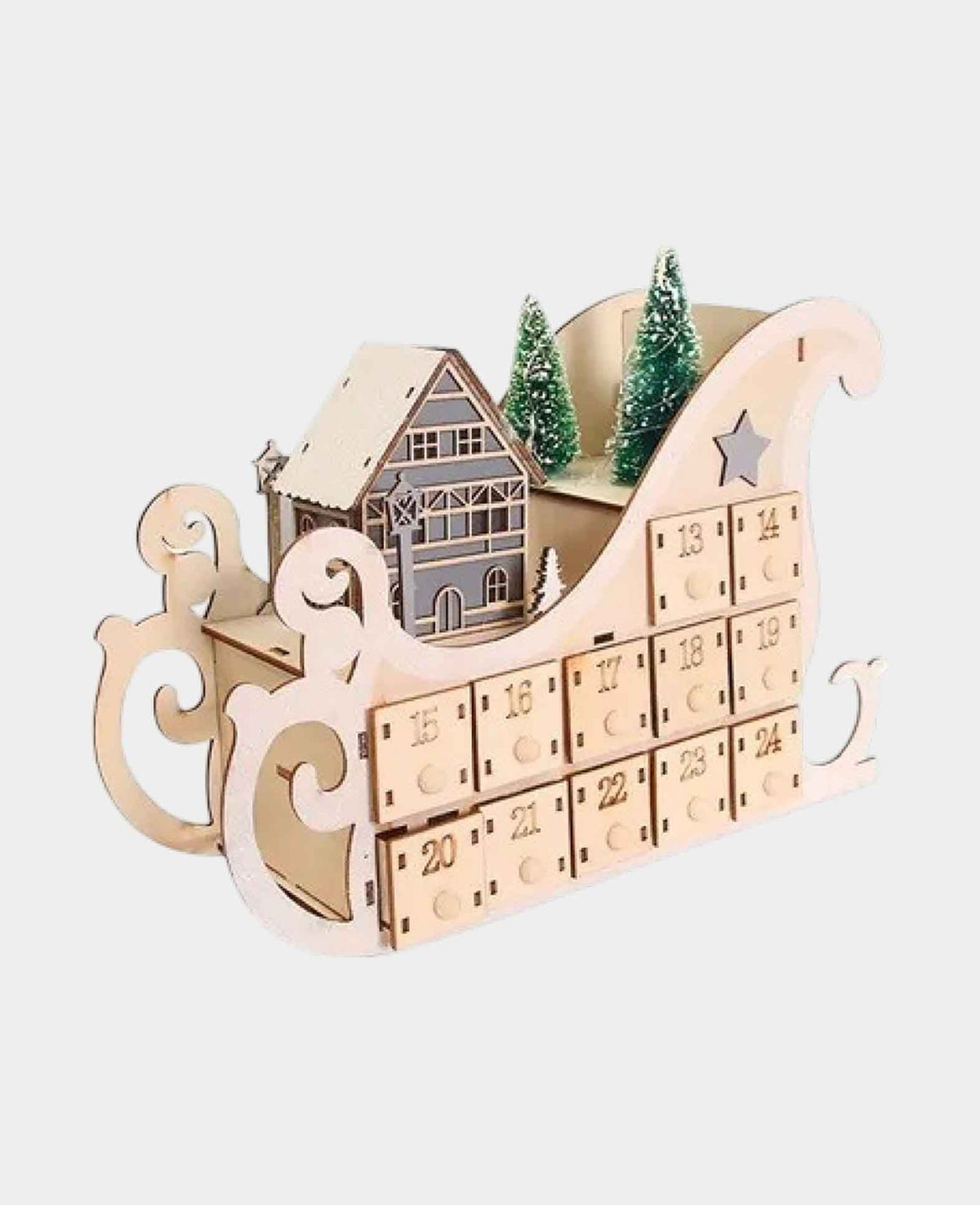 Adventskalender Holz Schlitten zum Befüllen mit 24 Schubladen, Braun