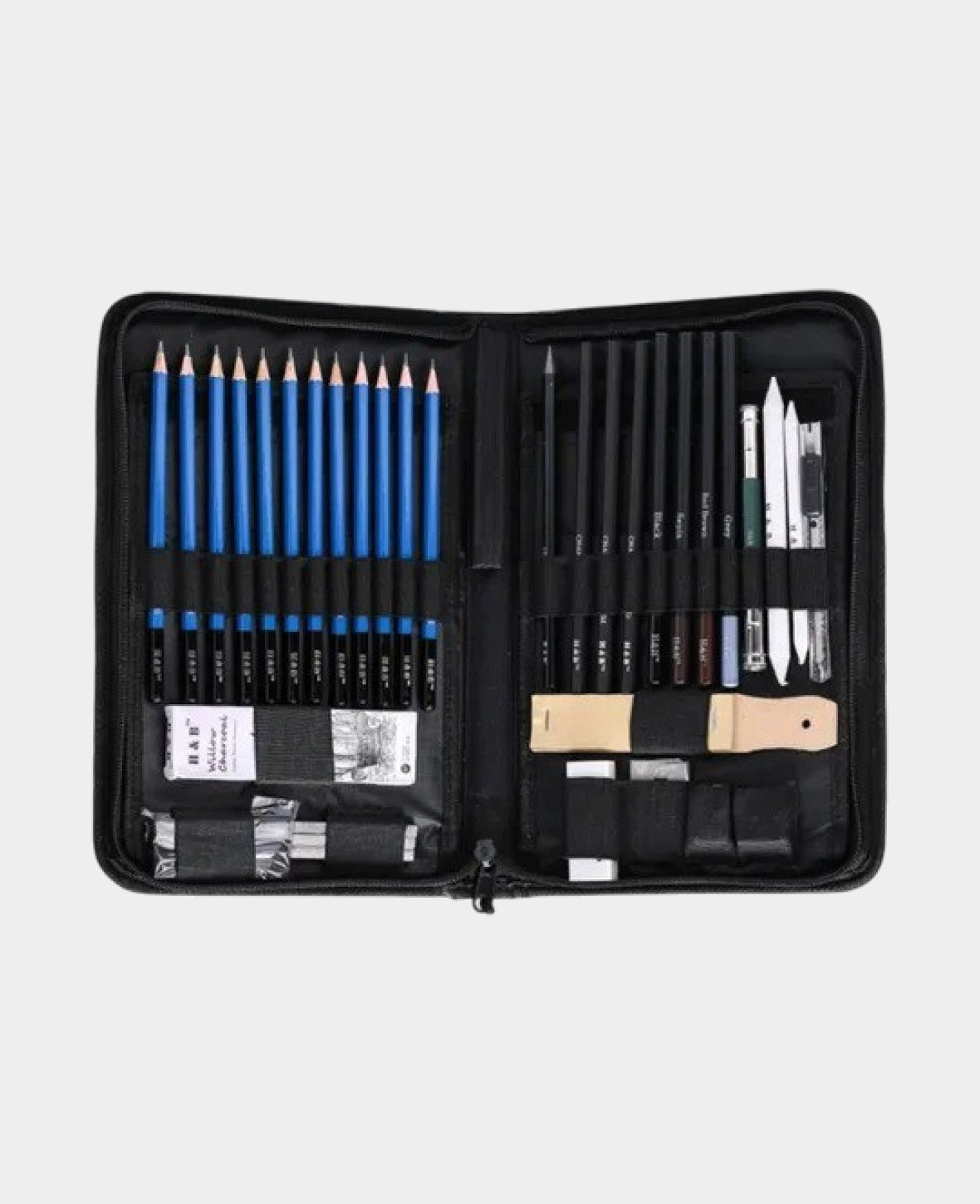 Accessoires de croquis professionnels + sac, noir, 40 pièces.