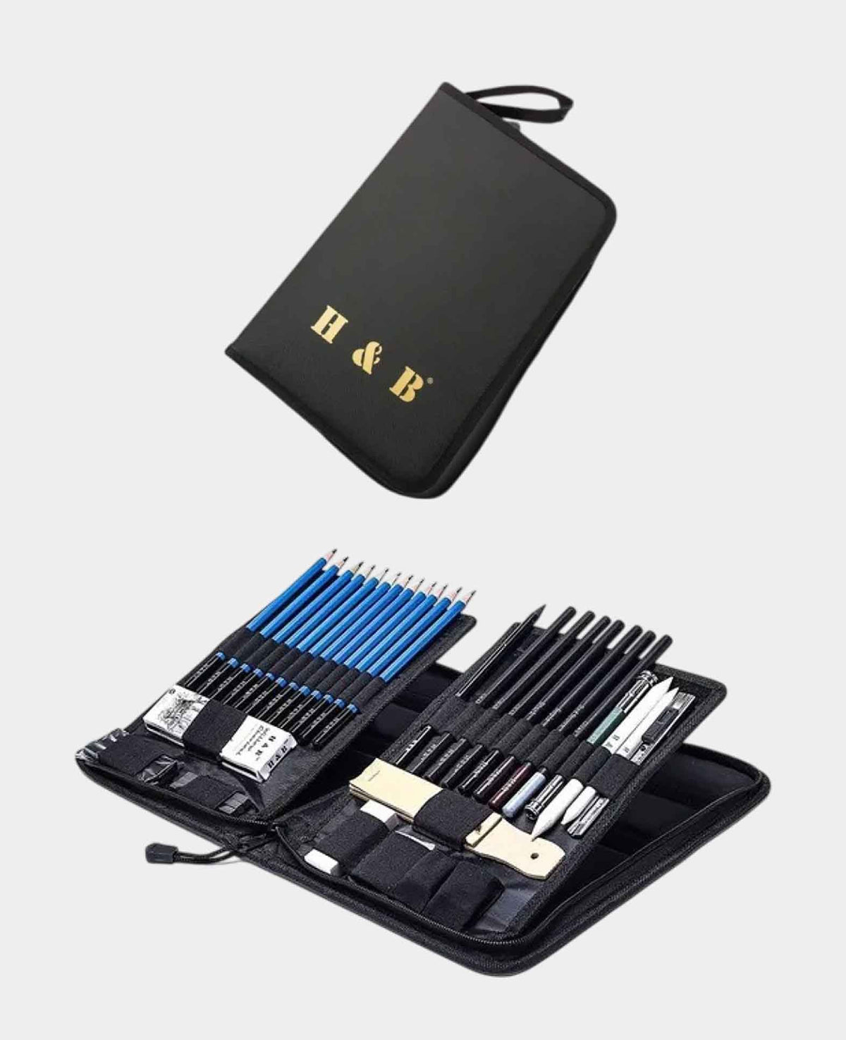 Professional Sketching Accessories + Bag, Black, 40-piece.