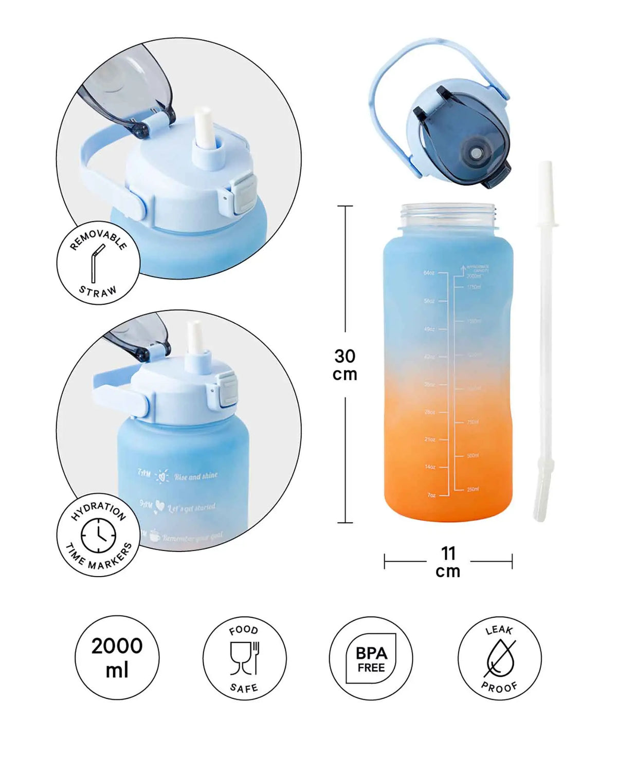 (2L) Gourde de fitness portable avec marqueur de temps – Dégradé B