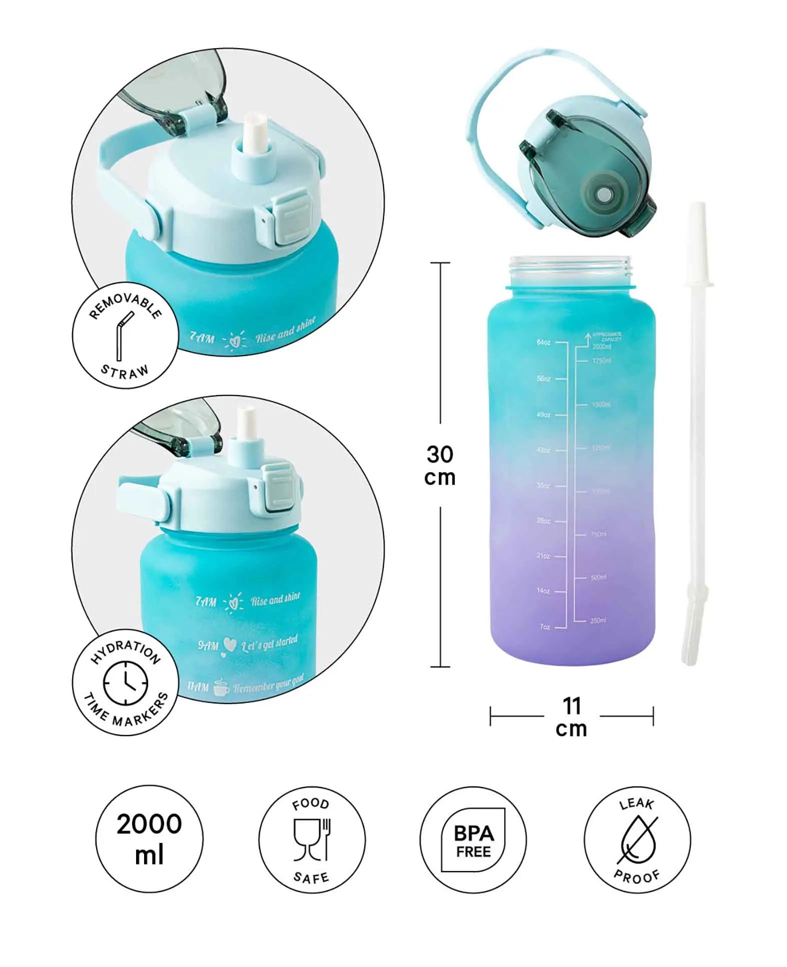 (2L) Gourde de fitness portable avec marqueur de temps - Dégradé de couleurs