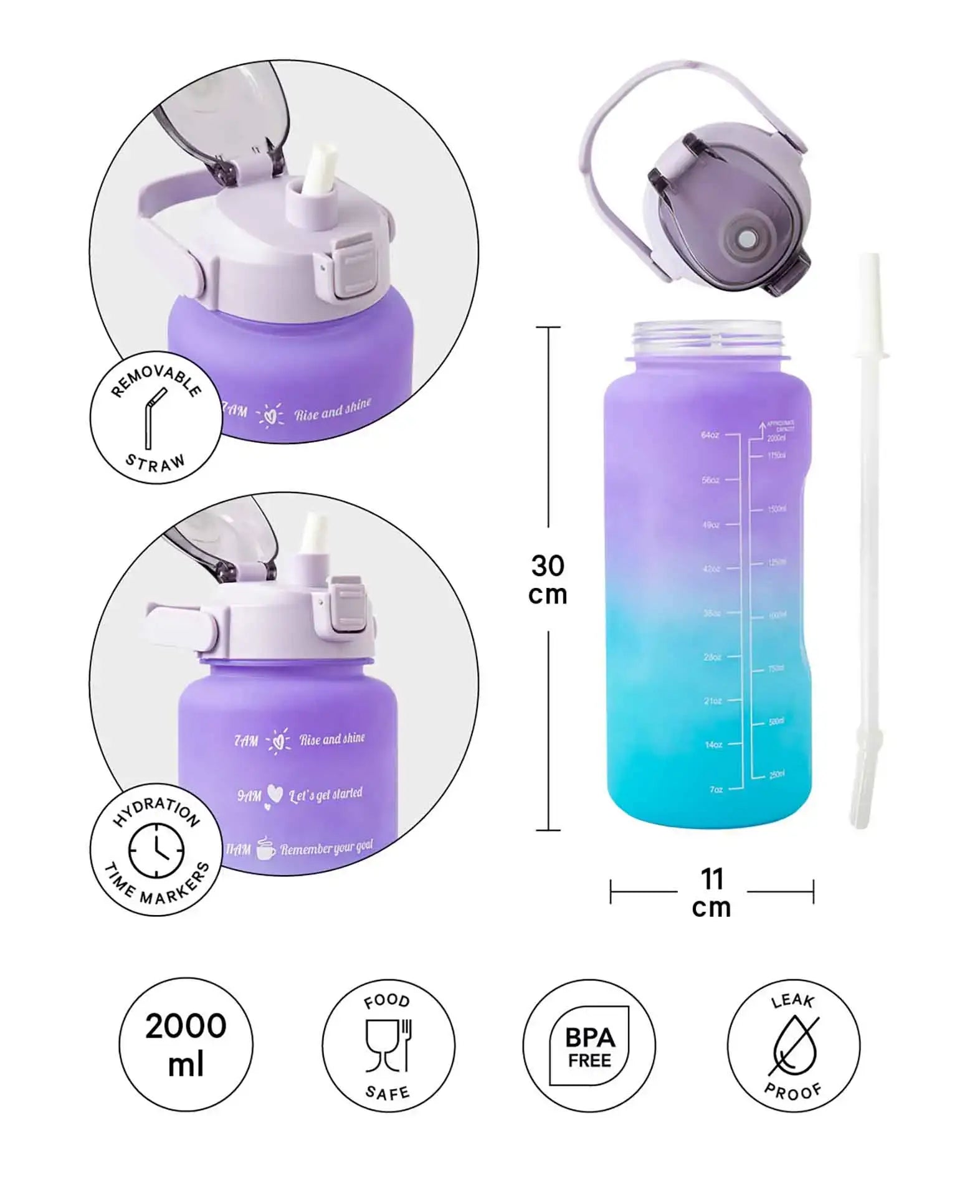 (2L) Portable Fitness Water Bottle with Time Marker - Gradient L