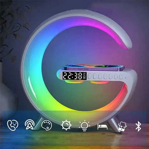 Digitaler LED Wecker Smart Light Wireless Charger Bluetooth Speaker - Weiss