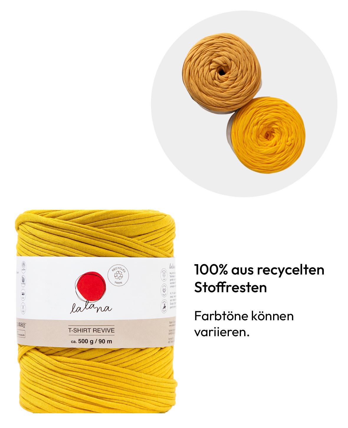 T-Shirt Revive mustard shades, Lalana Textilgarn zum Häkeln, Stricken, Knüpfen & Makramee Projekte, Senfgelb, ca. 5 mm x 90 m, ca. 500 g