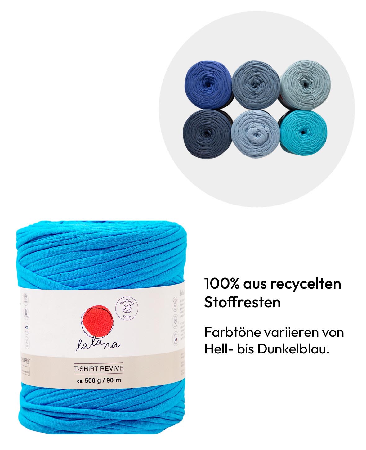 T-Shirt Revive light blue shades, Lalana Textilgarn zum Häkeln, Stricken, Knüpfen & Makramee Projekte, Hellblau, ca. 5 mm x 90 m, ca. 500 g