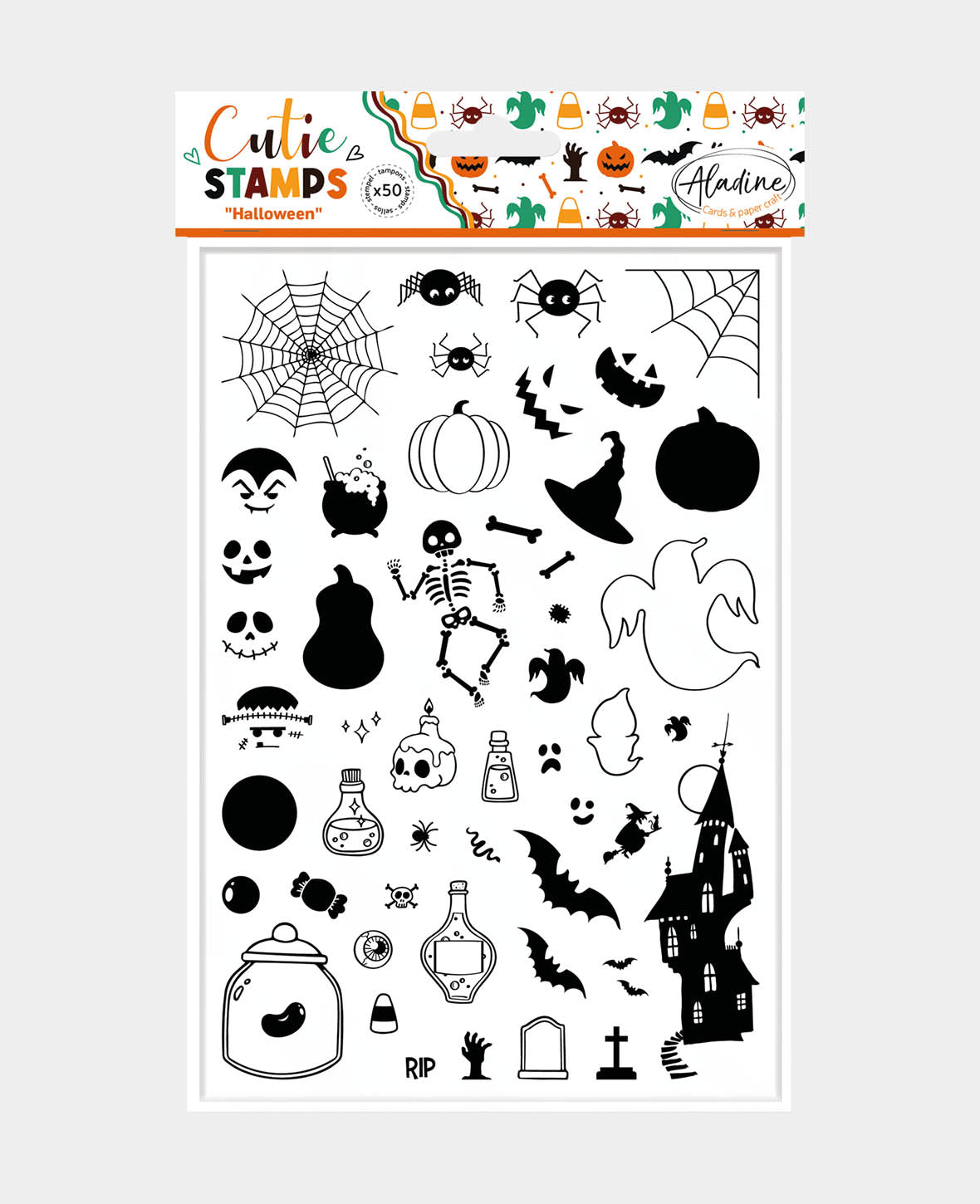 Gummistempel Halloween, 13 x 1 x 19 cm, 50 Motive, 1 Bogen