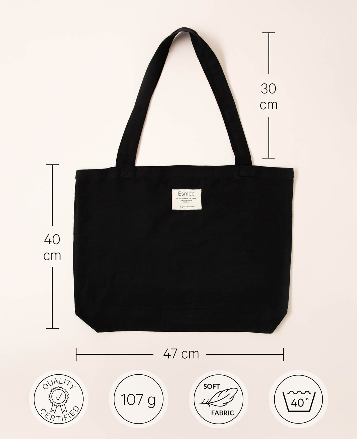 Totebag "Lora" aus schwarzem Baumwoll-Leinenmix, 47 cm x 40 cm