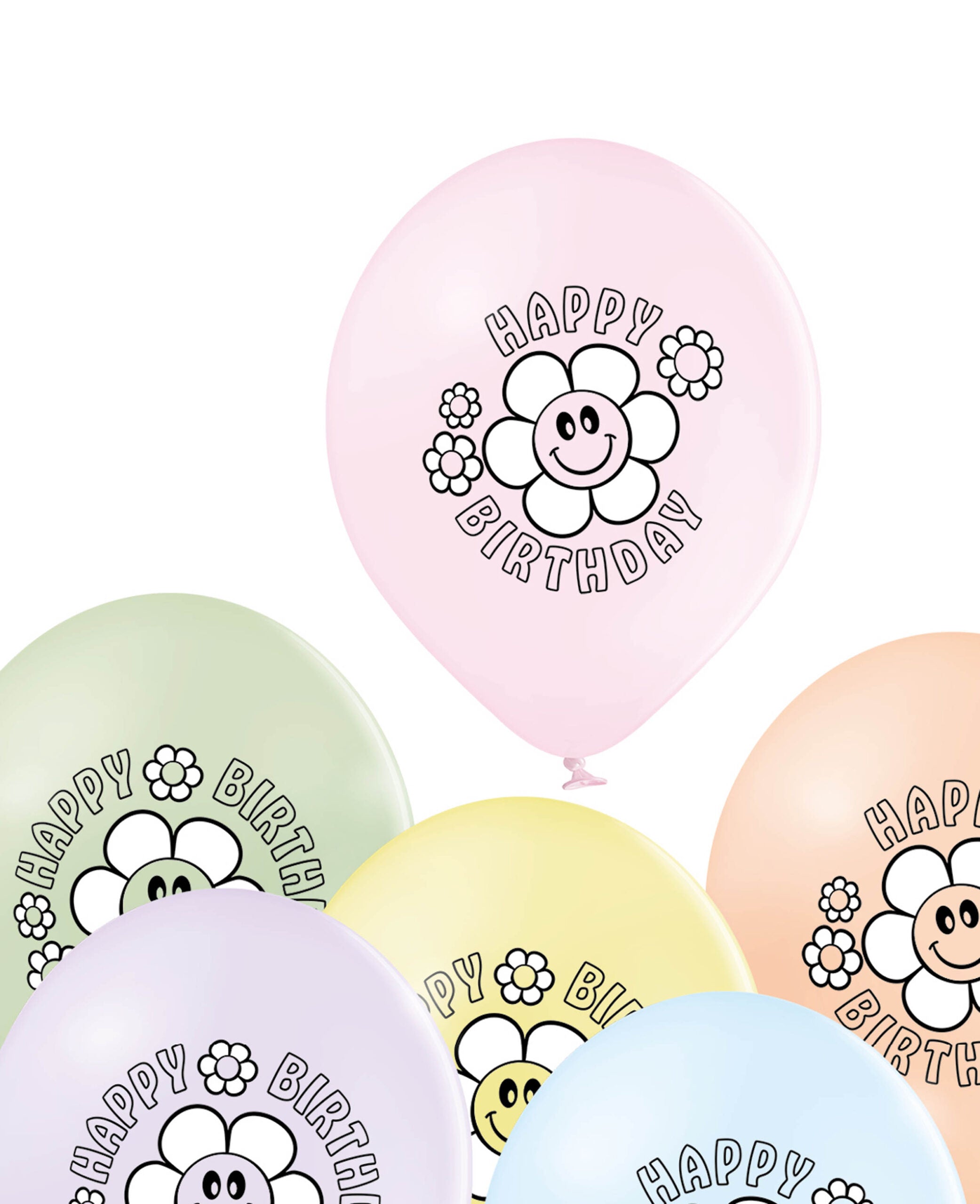 Ballons Marguerites Anniversaire, 27 cm, Couleurs pastel, 6 pces.