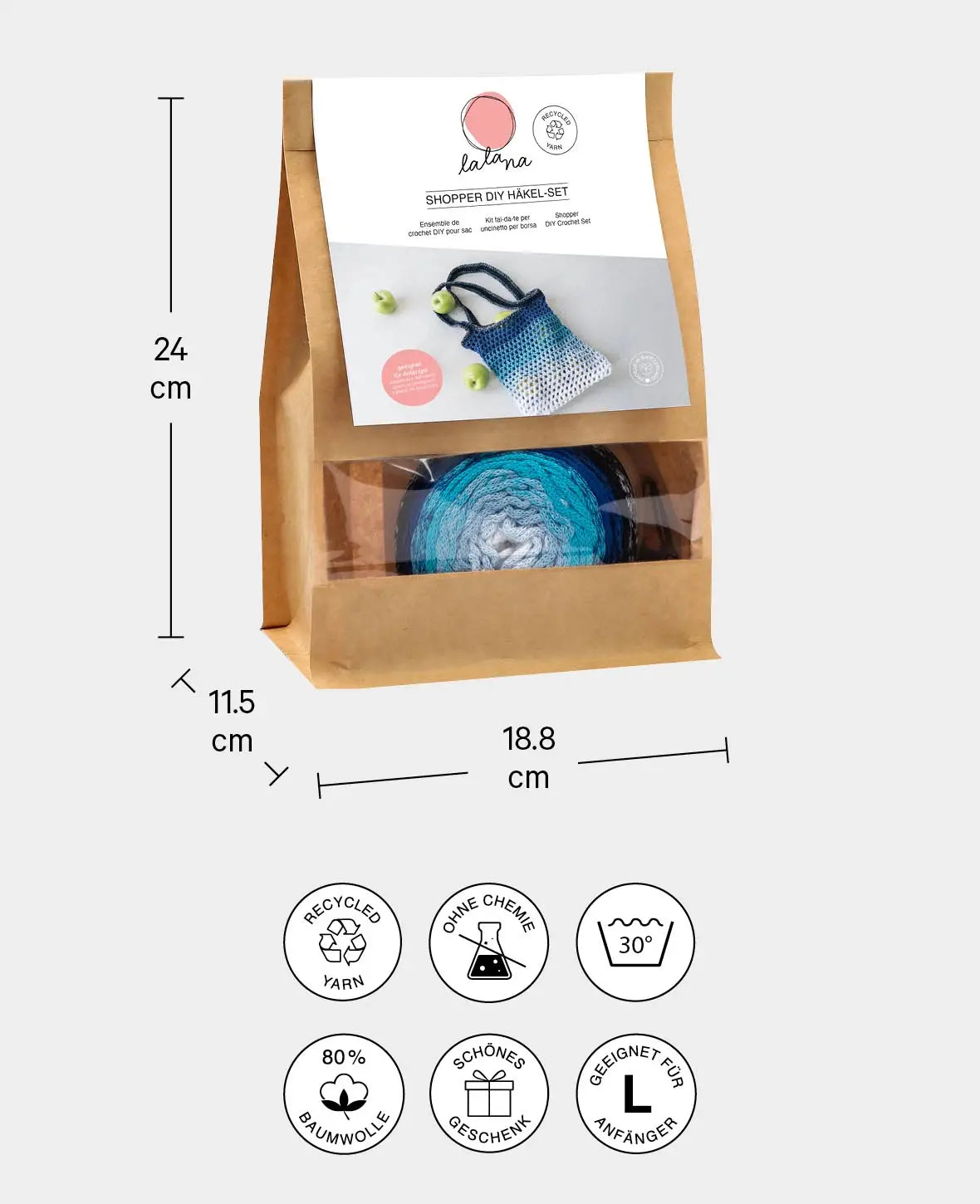 DIY Häkel-Set "Shopper", Häkeltasche zum Selberhäkeln inklusive Anleitung, geeignet für Anfänger und Profis, in Blautönen, 2-teilig.