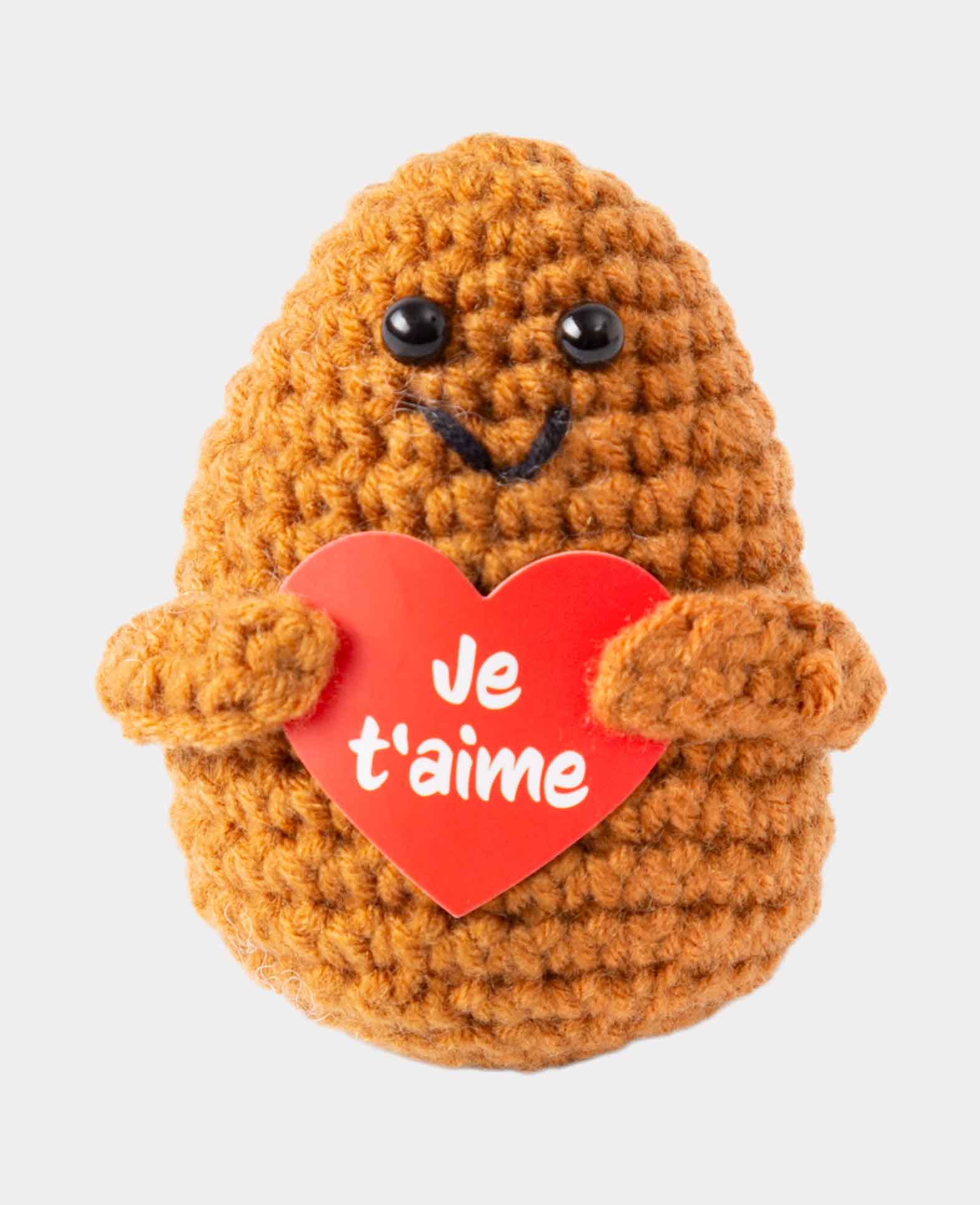 Positive Potato "Je t’aime", Gehäkeltes Mini Plüschtier / Glücksbringer, Braun, ca. 7.5 x 4 cm