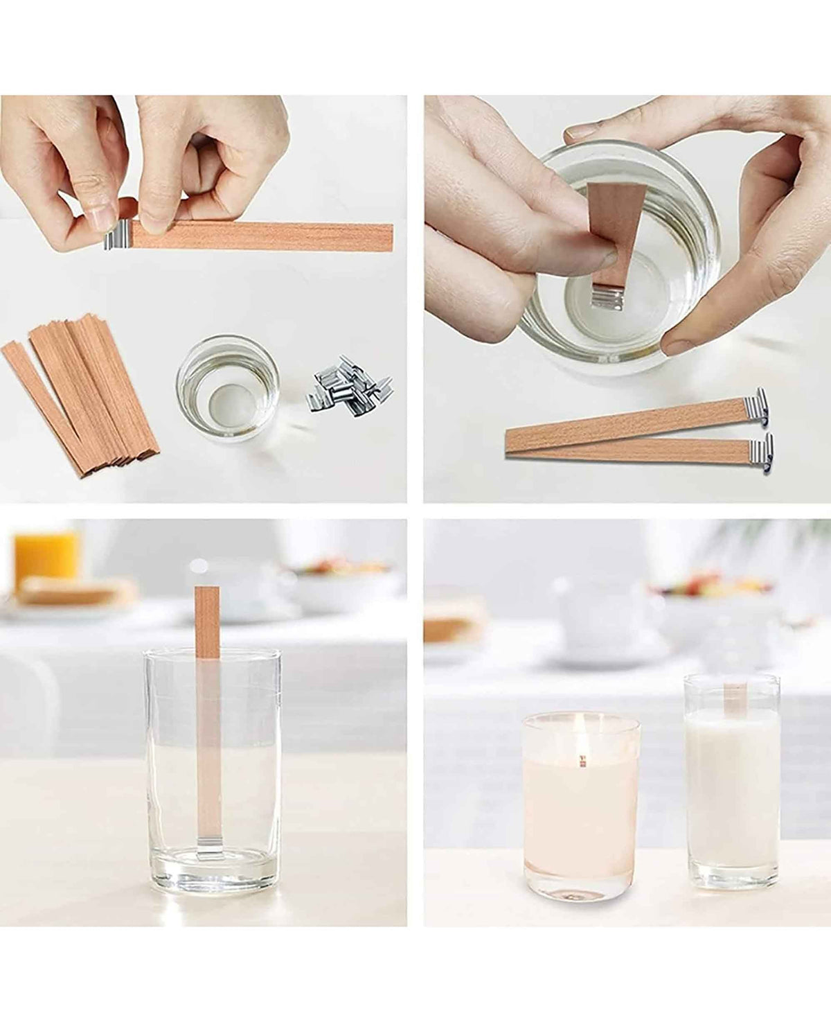 Mèche en bois avec support métallique pour moulage de bougies, 50 pièces