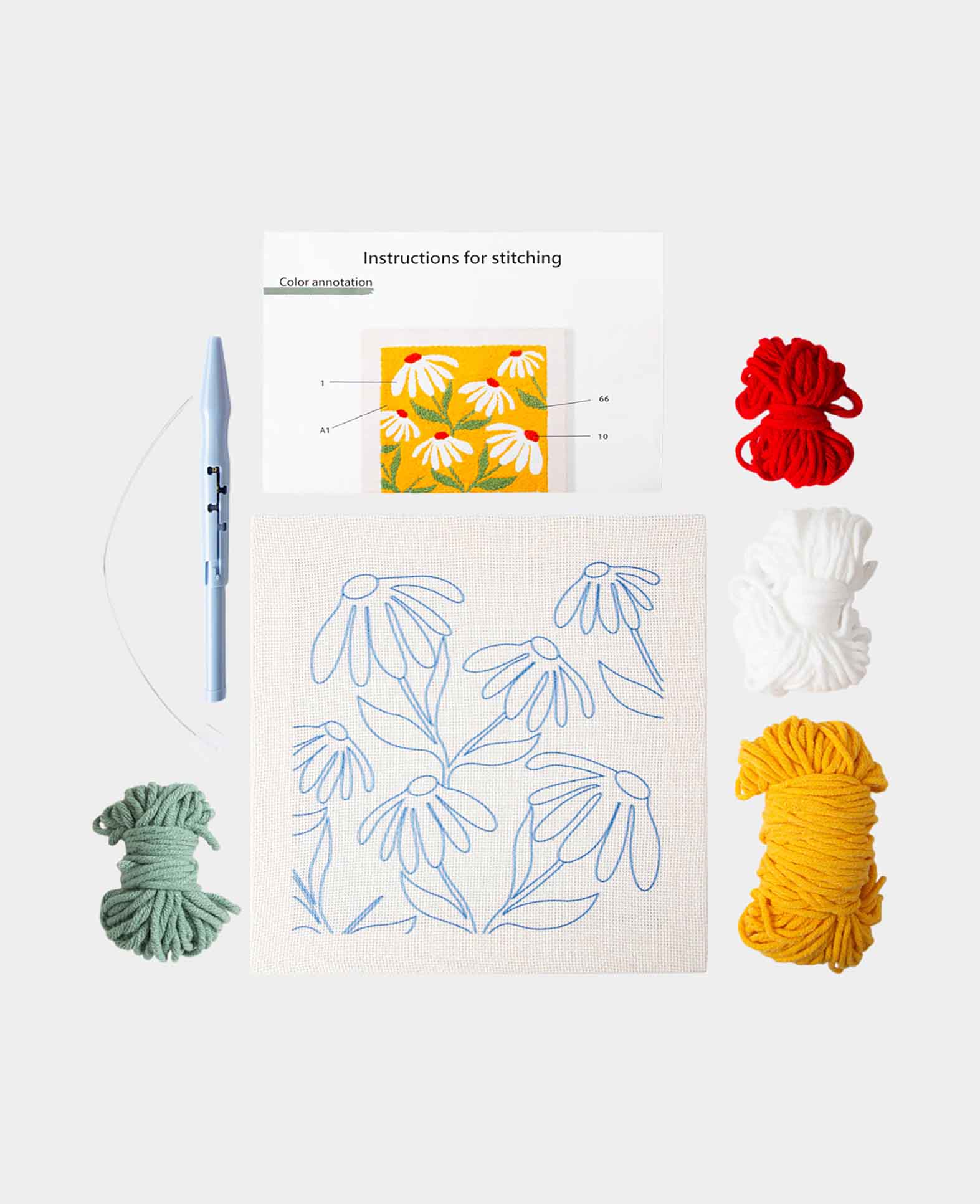 Kit de broderie punch needle pour débutants, Yellow Flower Power, 25 x 25 cm