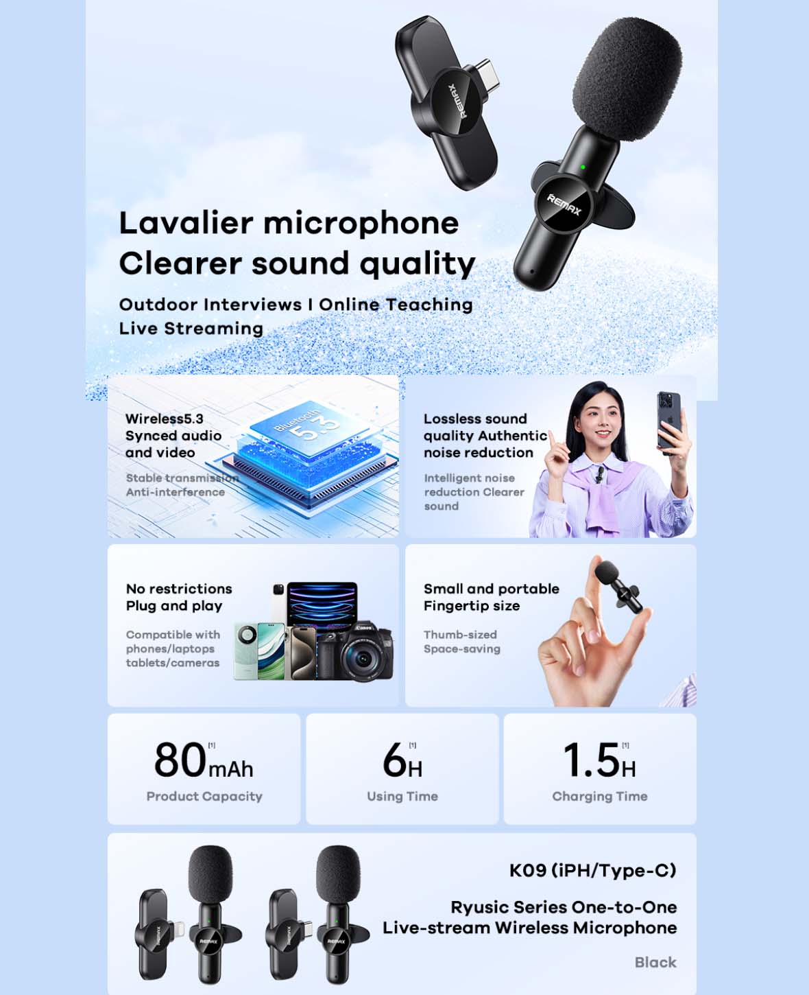 REMAX, Microphone sans fil Live Stream, Un à un, Type-C