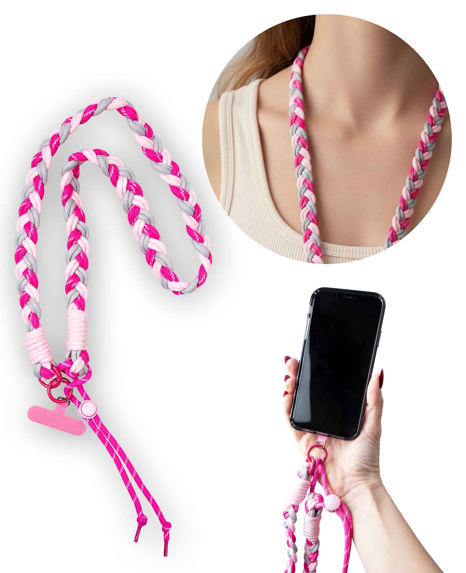 Handykette inkl. Einlegekarte, geflochten, pink , 60 cm