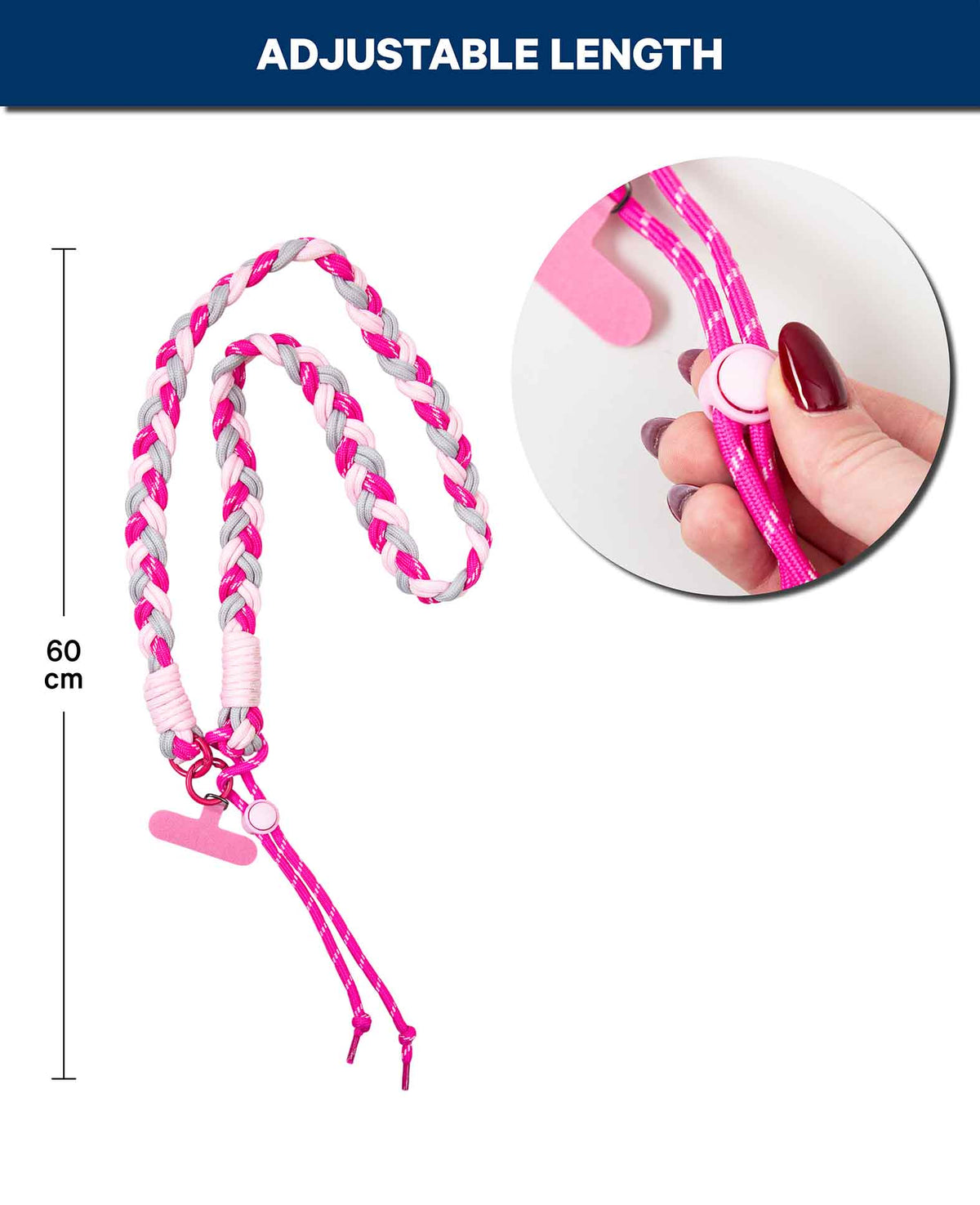Cordon de téléphone avec carte intercalaire, tressé, rose, 60 cm