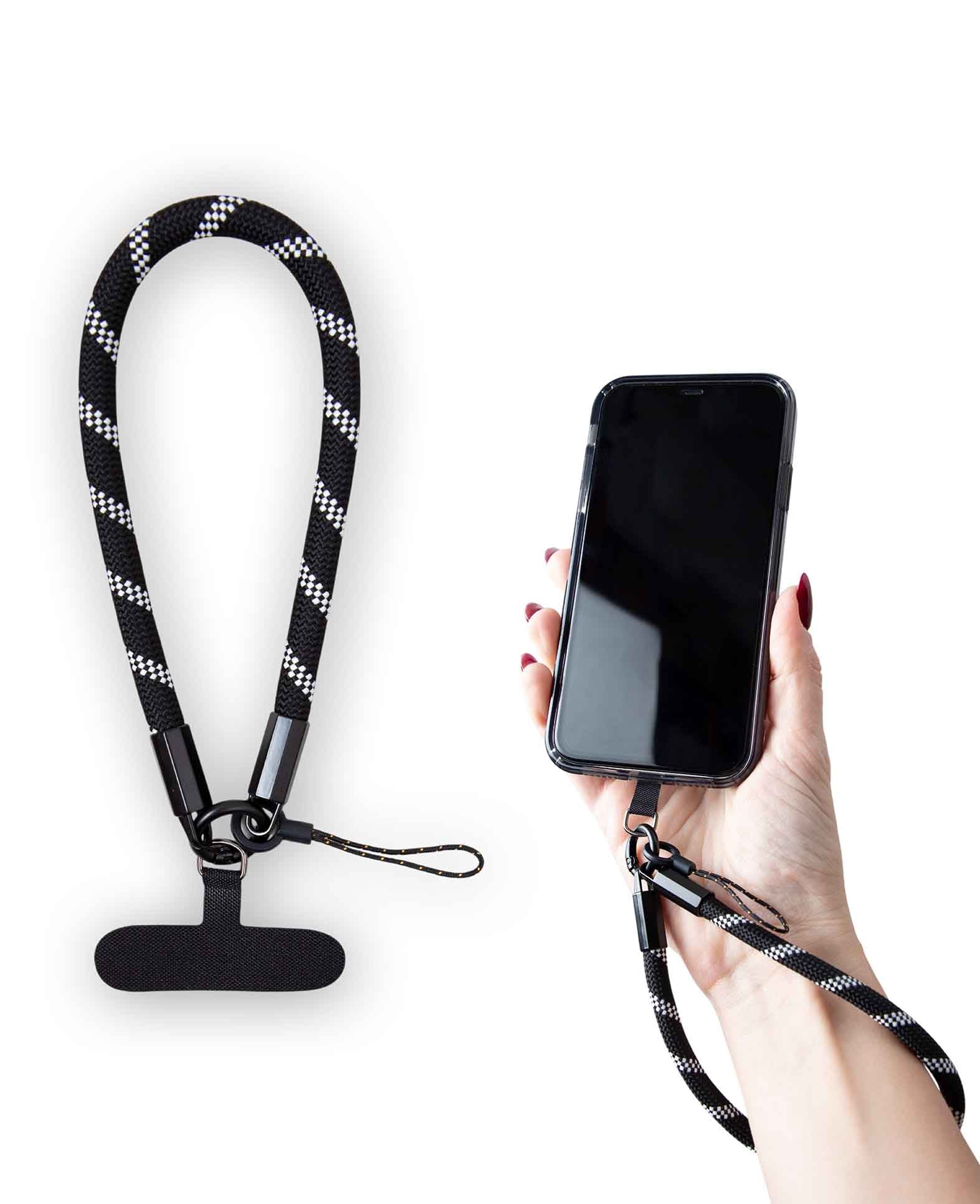 Mobile phone chain including insert card, short, black and white, 15 x 0.8 cm
