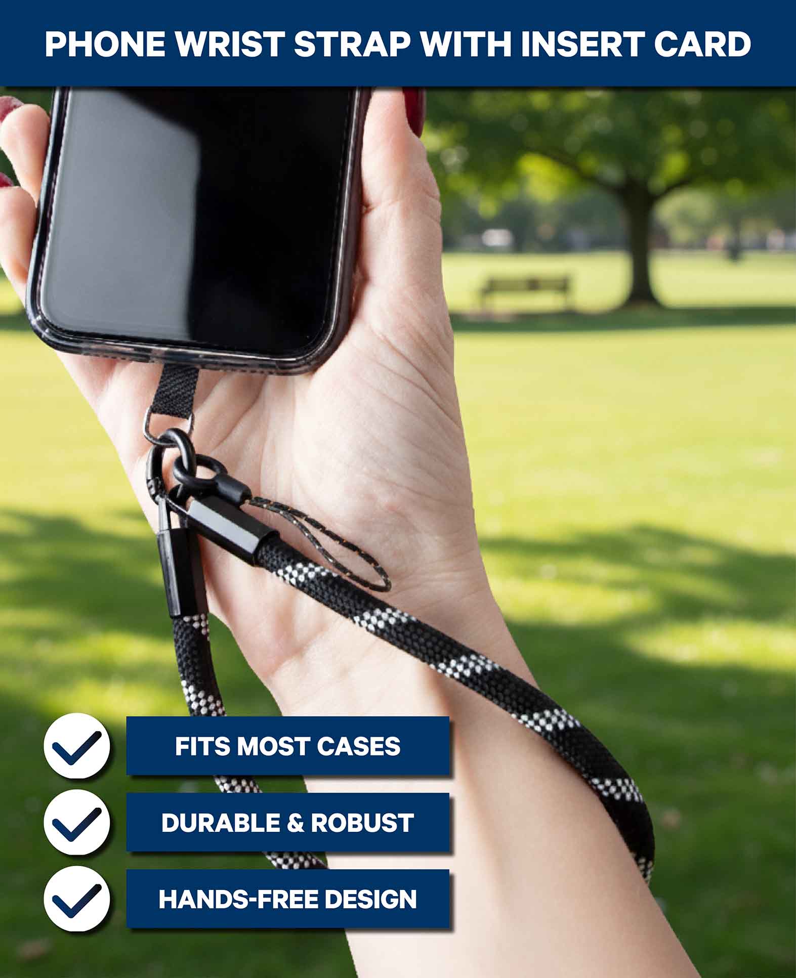 Mobile phone chain including insert card, short, black and white, 15 x 0.8 cm