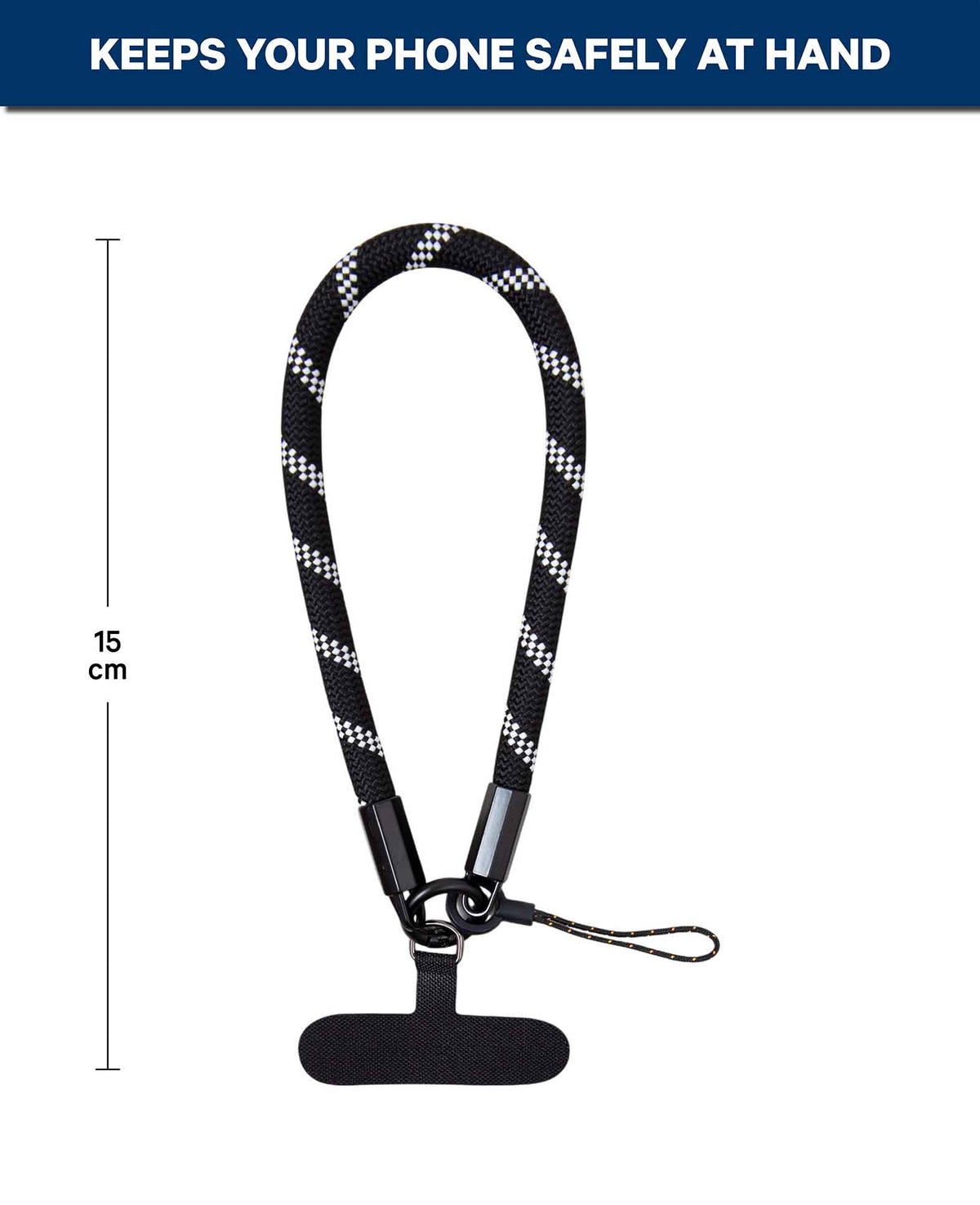 Mobile phone chain including insert card, short, black and white, 15 x 0.8 cm