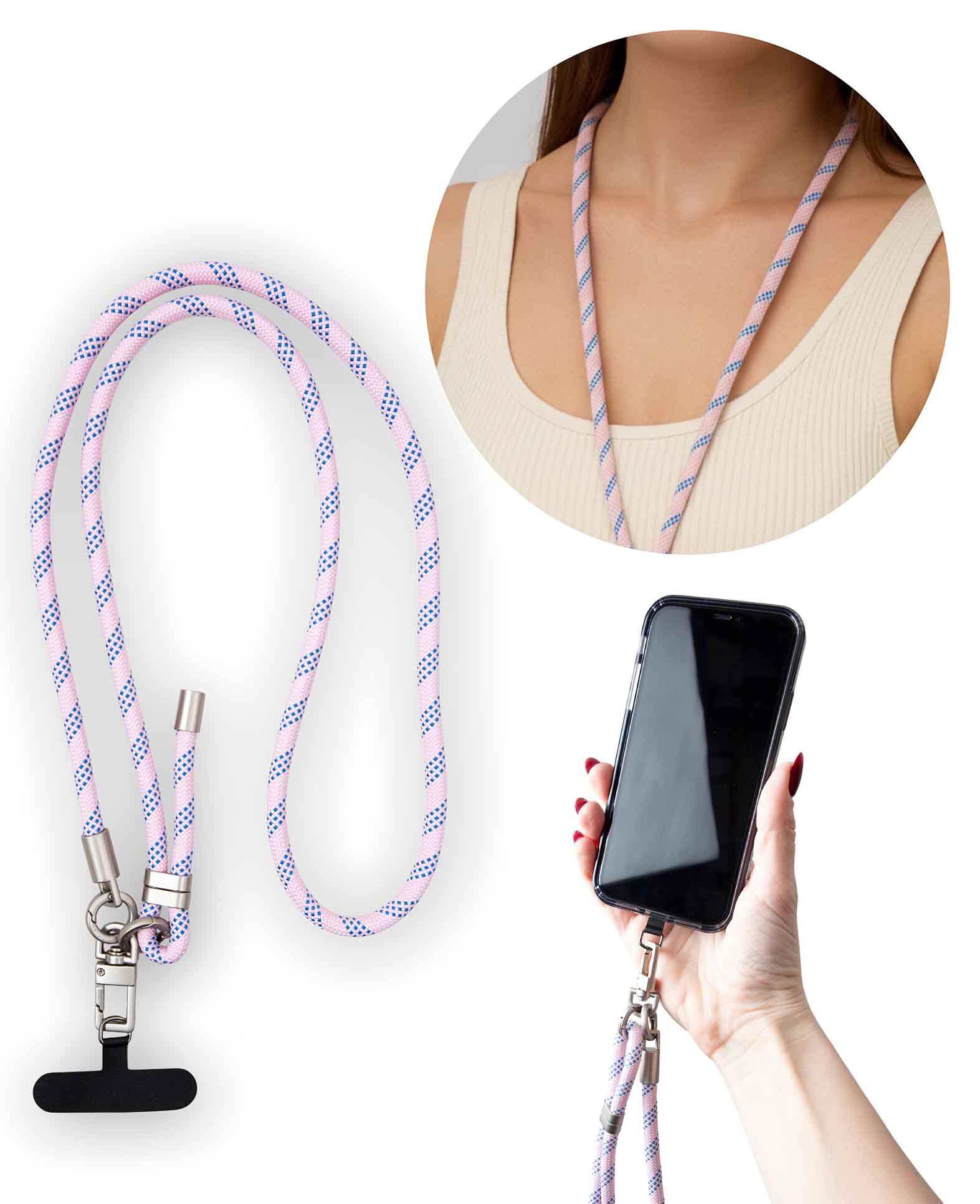Cordon pour téléphone portable avec carte, rose bleu, 60 cm