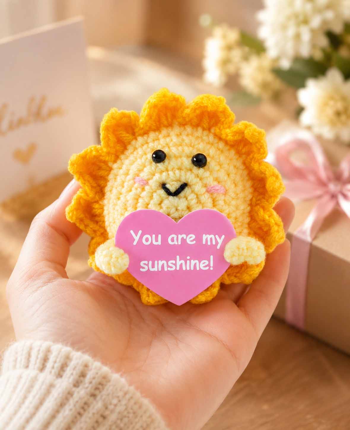 Positive Sonne, Gehäkeltes Mini Plüschtier / Glücksbringer, Gelb