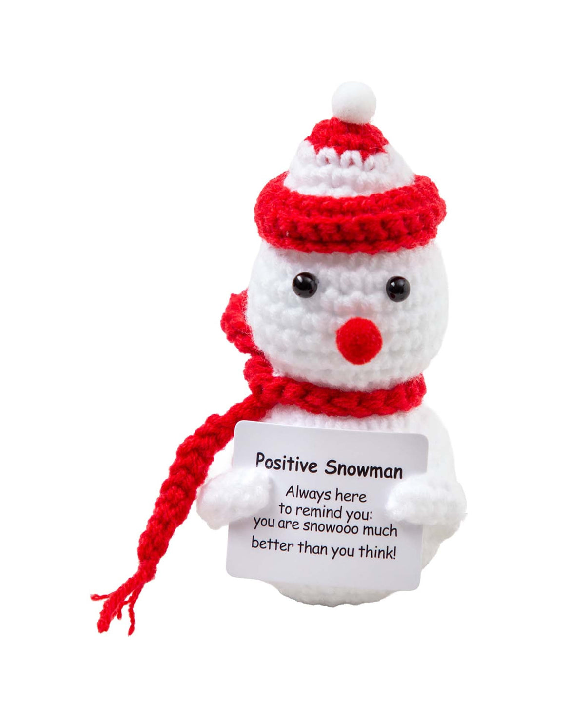 Positive Snowman, Gehäkeltes Mini Plüschtier / Glücksbringer, Weiss/Rot