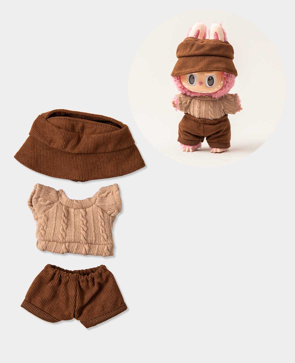 Labubu Outfit Set Brown, 3-piece with Sweater, Pants & Hat