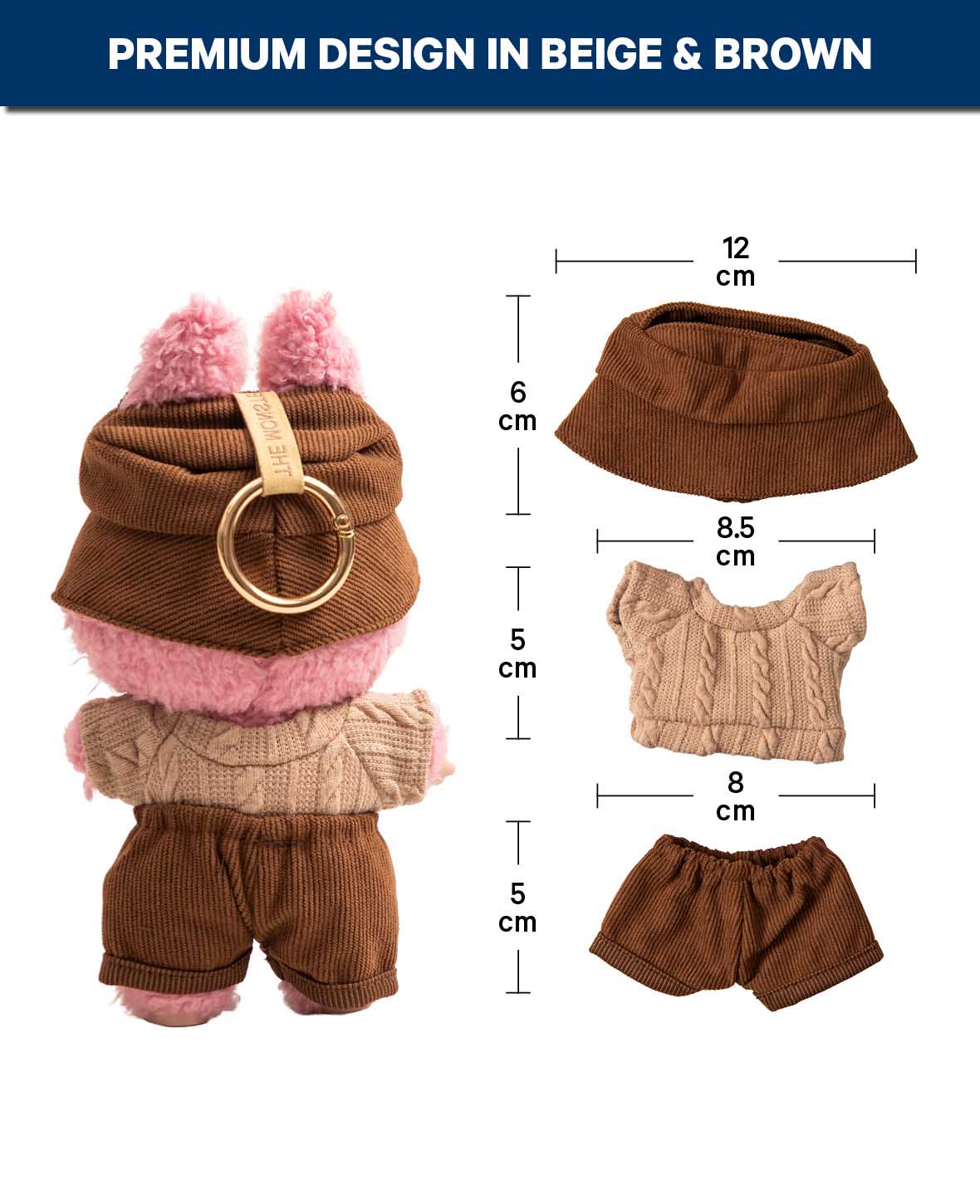 Labubu Outfit Set Brown, 3-piece with Sweater, Pants & Hat